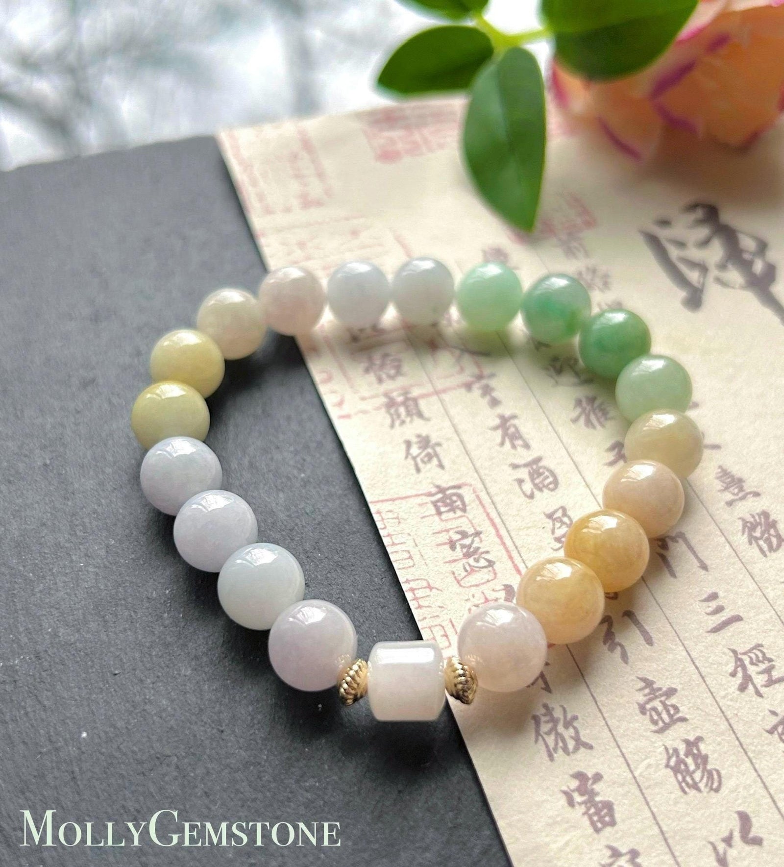 Natural Jadeite Beaded Bracelet Burmese Type A Highly Translucent Icy Rainbow Multicolor Jade 9.5mm