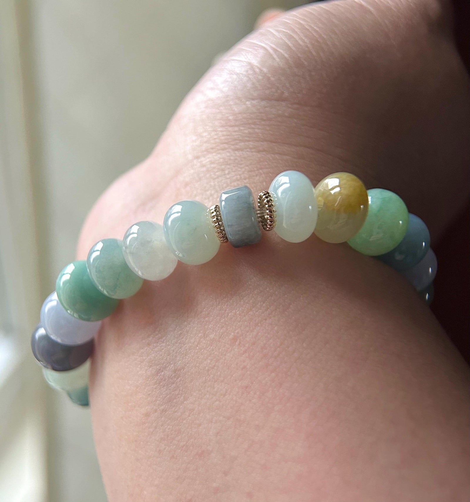 Natural Jadeite Beaded Bracelet Burmese Type A Highly Translucent Icy Rainbow Multicolor Jade 10-11mm