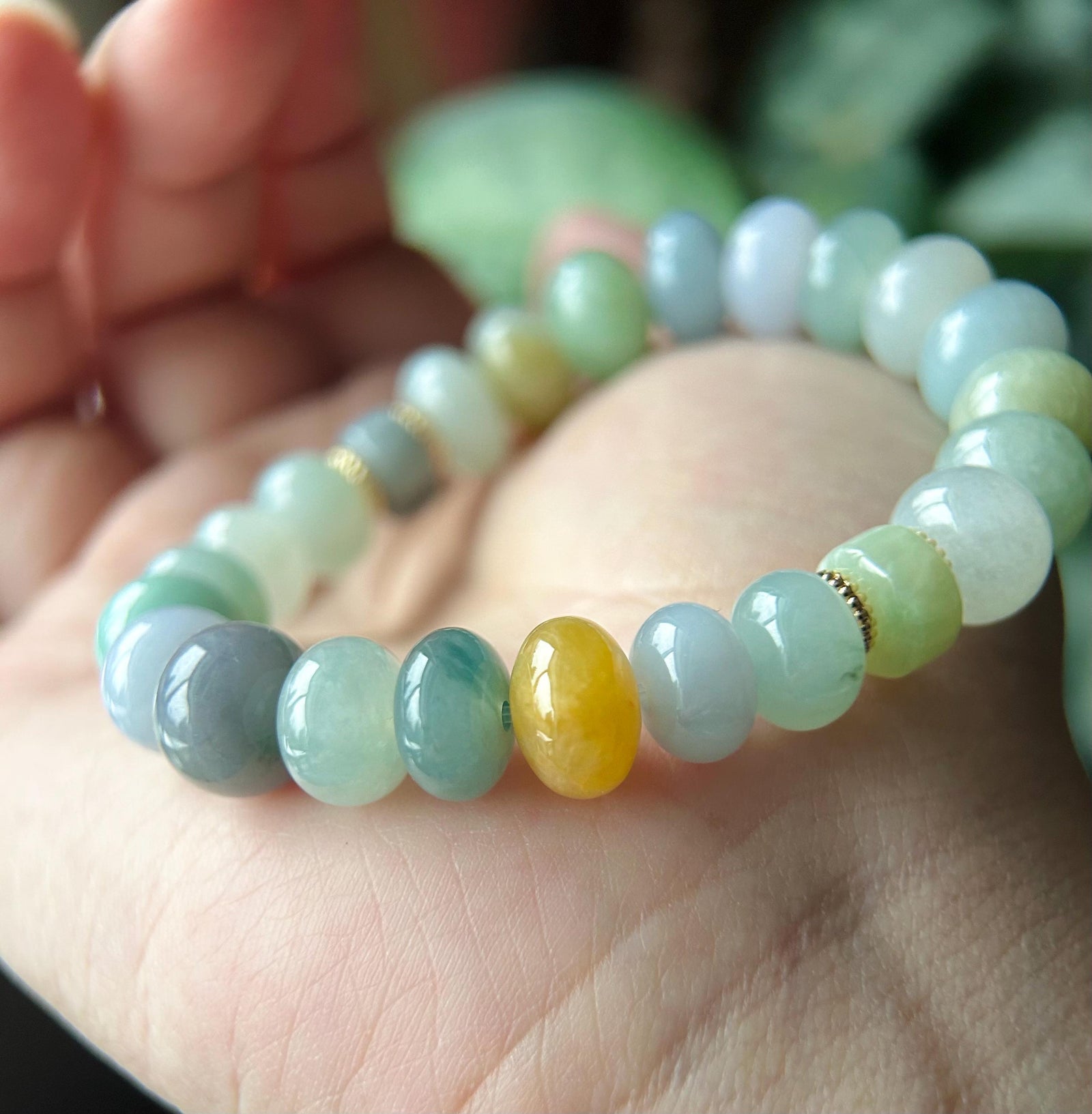 Natural Jadeite Beaded Bracelet Burmese Type A Highly Translucent Icy Rainbow Multicolor Jade 10-11mm