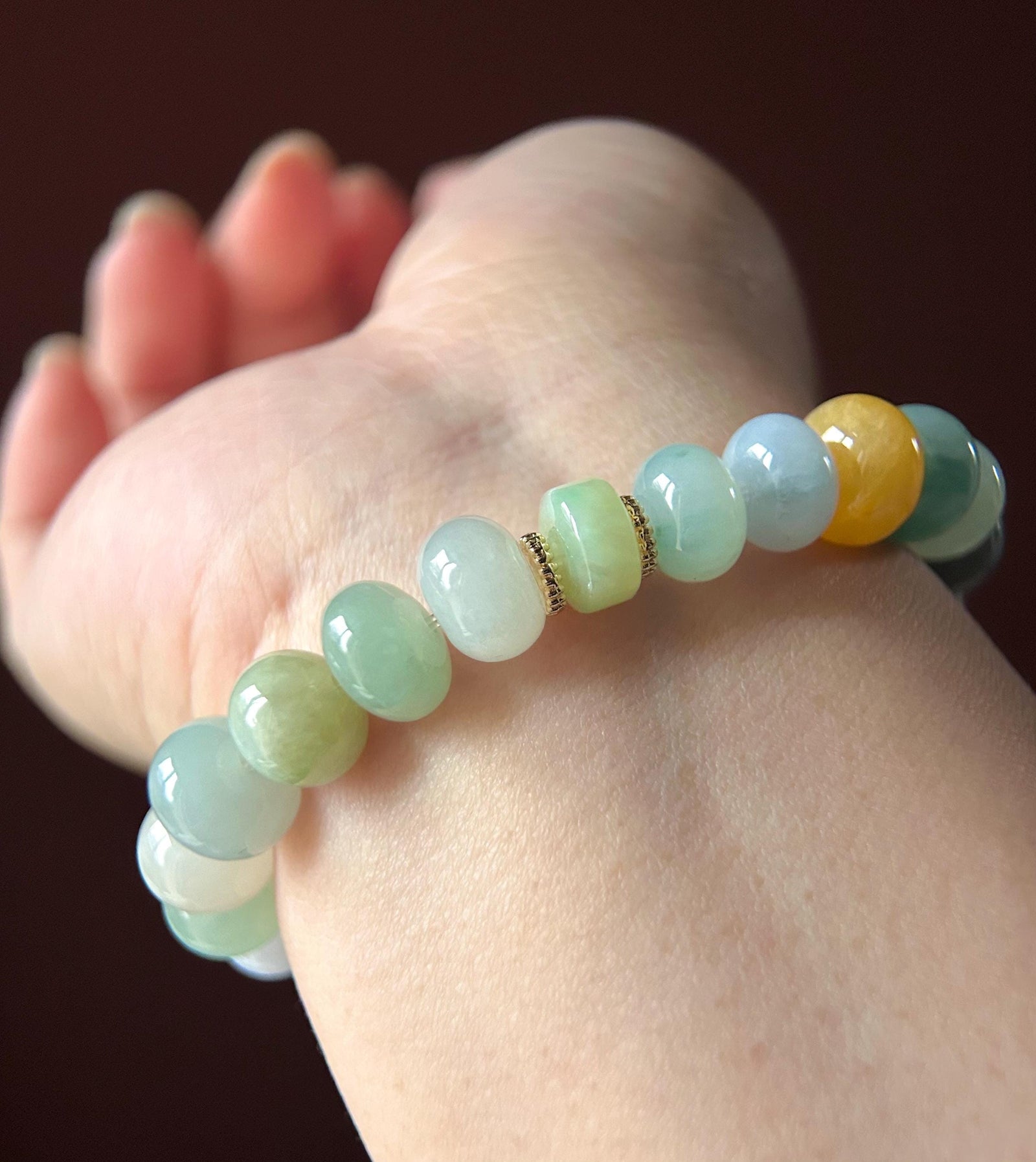 Natural Jadeite Beaded Bracelet Burmese Type A Highly Translucent Icy Rainbow Multicolor Jade 10-11mm