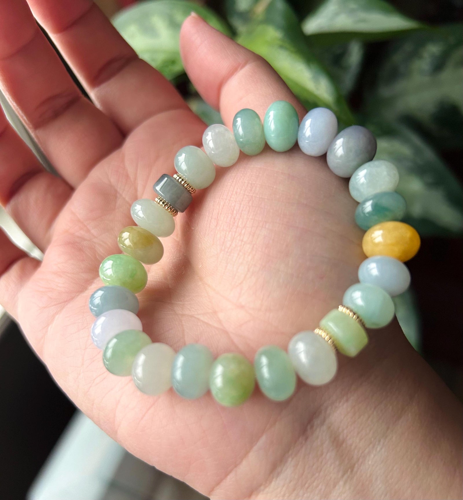 Natural Jadeite Beaded Bracelet Burmese Type A Highly Translucent Icy Rainbow Multicolor Jade 10-11mm