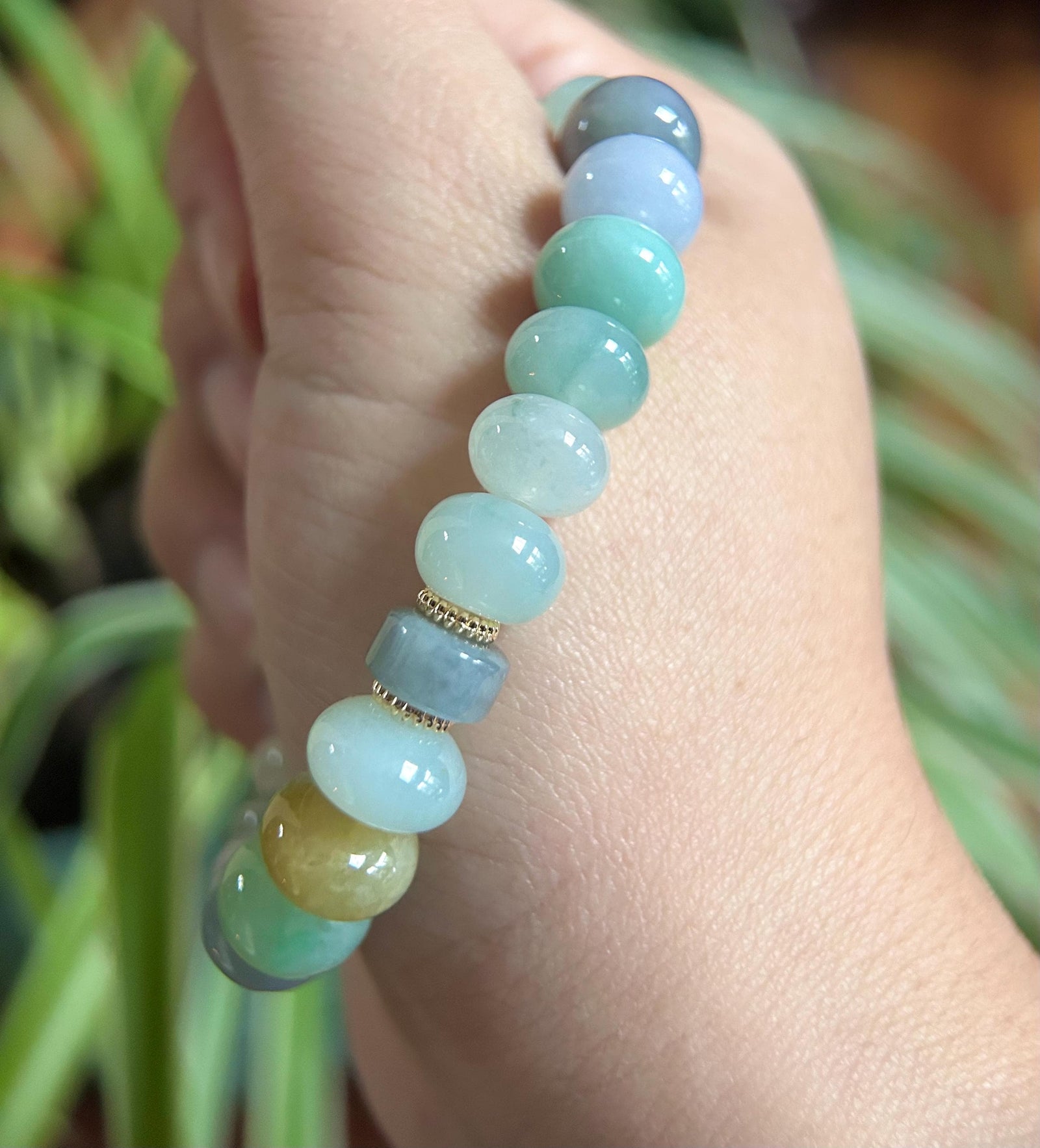 Natural Jadeite Beaded Bracelet Burmese Type A Highly Translucent Icy Rainbow Multicolor Jade 10-11mm