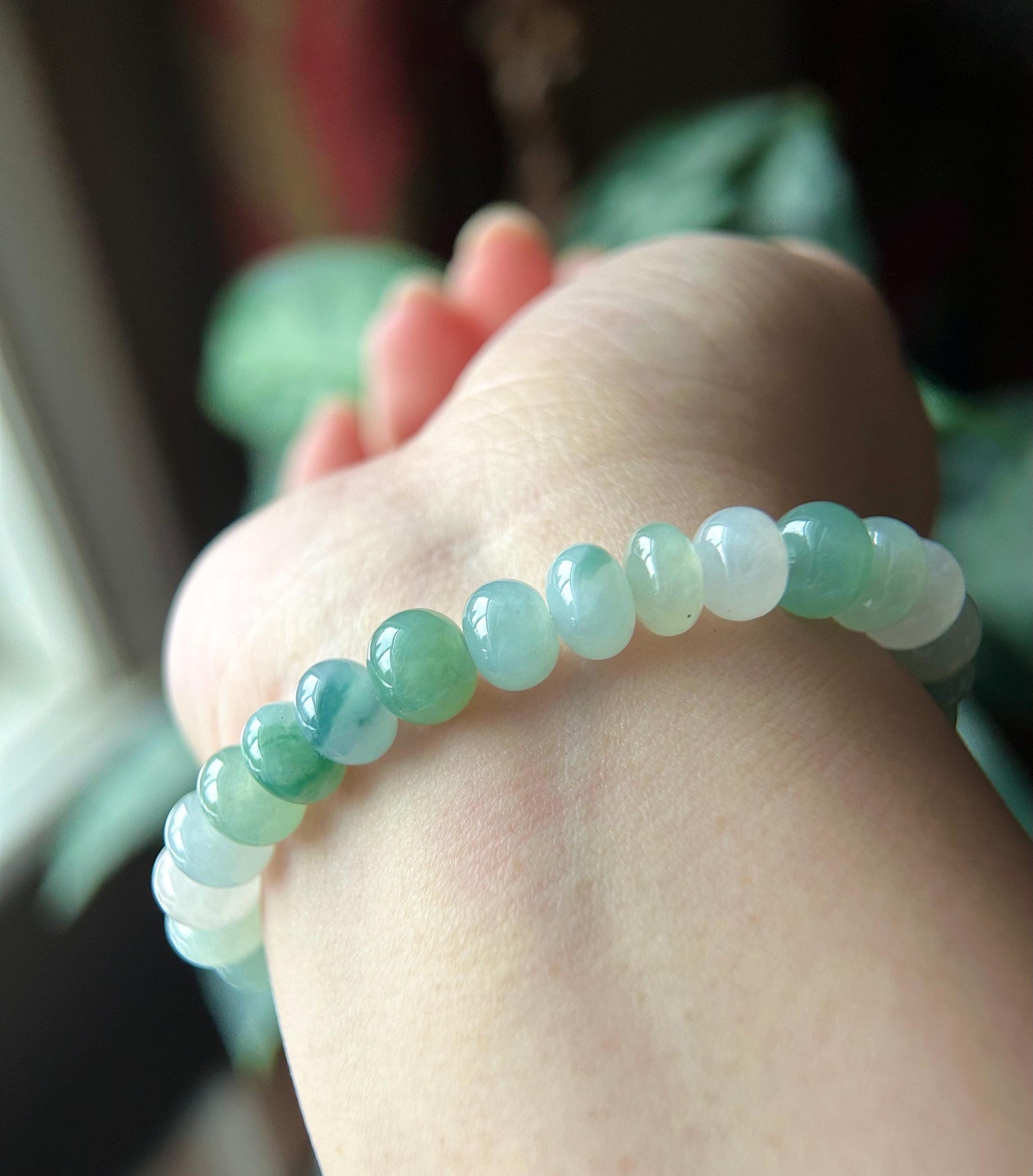 Natural Jadeite Beaded Bracelet Burmese Type A High-End Highly Translucent Icy Green/Blue Multicolor Jade 9mm