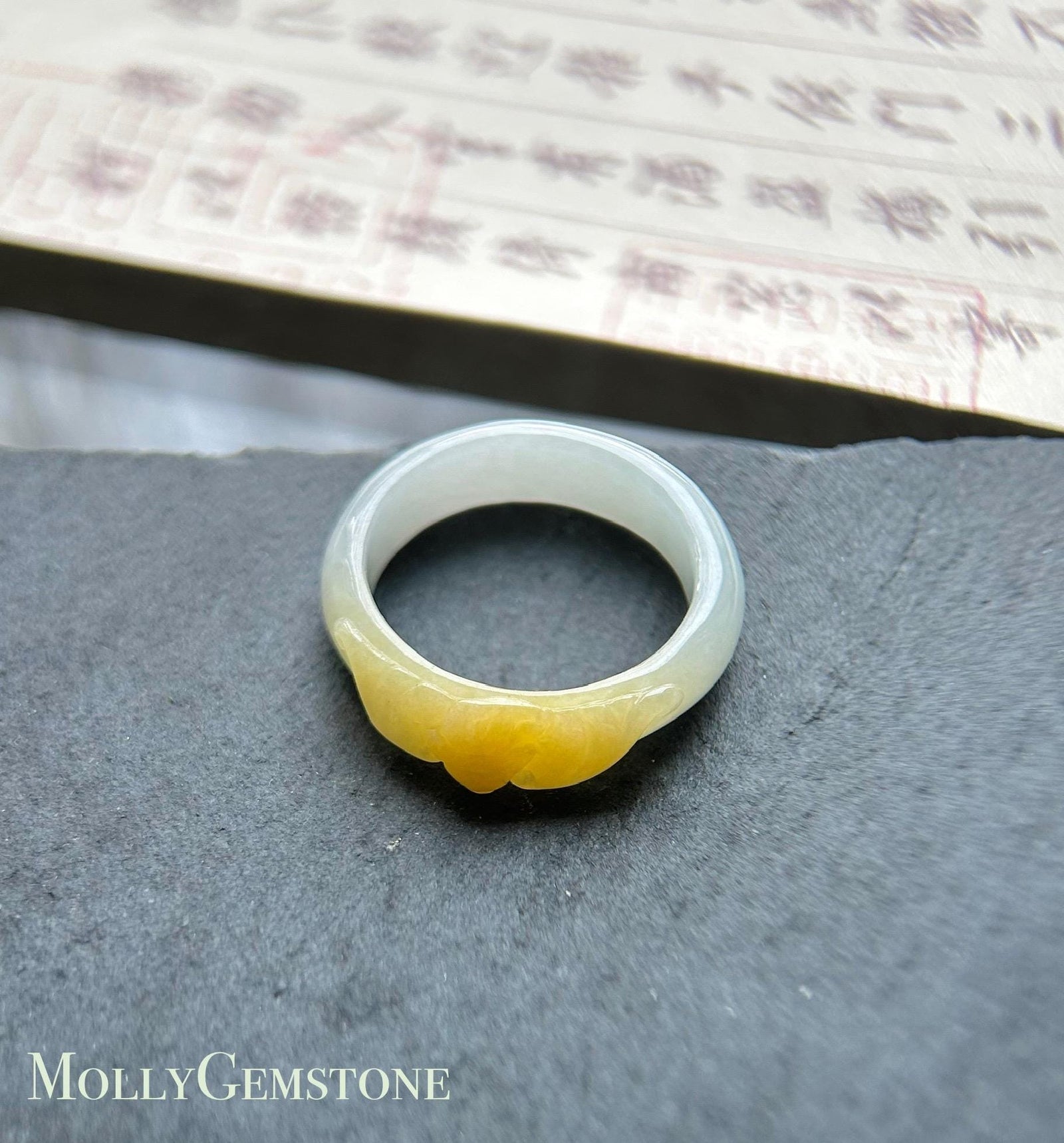 Natural Jadeite Ring Band: Burmese Type A fine glutinous Icy Yellow Jade Bat US-8/ US-7