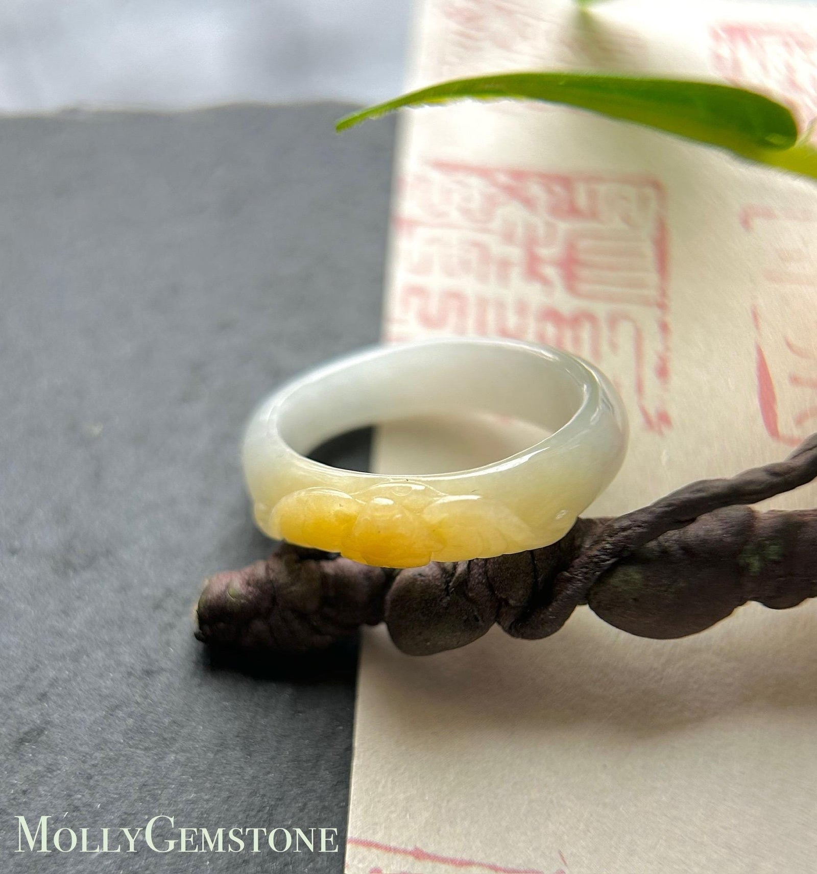 Natural Jadeite Ring Band: Burmese Type A fine glutinous Icy Yellow Jade Bat US-8/ US-7