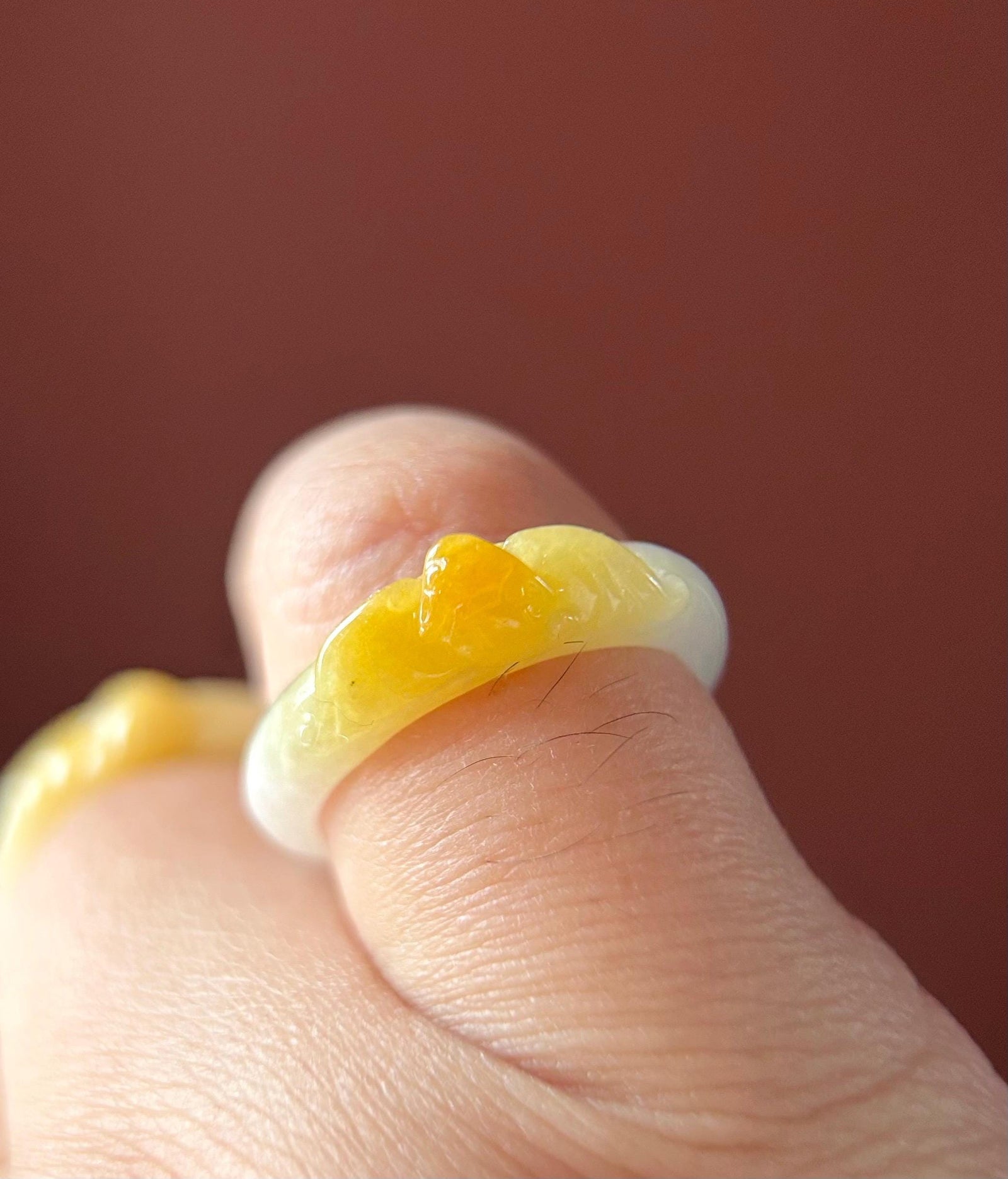 Natural Jadeite Ring Band: Burmese Type A fine glutinous Icy Yellow Jade Bat US-8/ US-7
