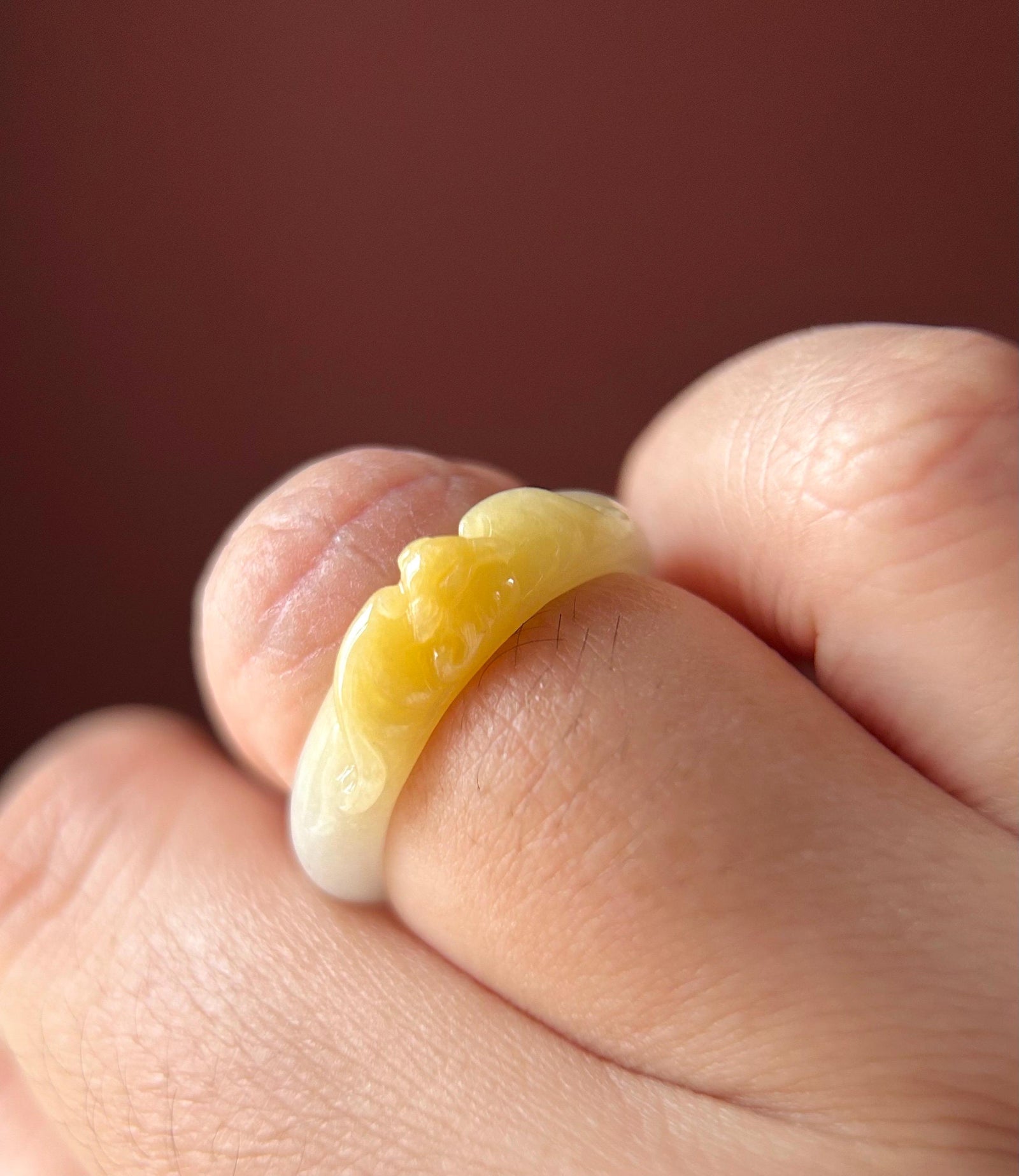 Natural Jadeite Ring Band: Burmese Type A fine glutinous Icy Yellow Jade Bat US-8/ US-7