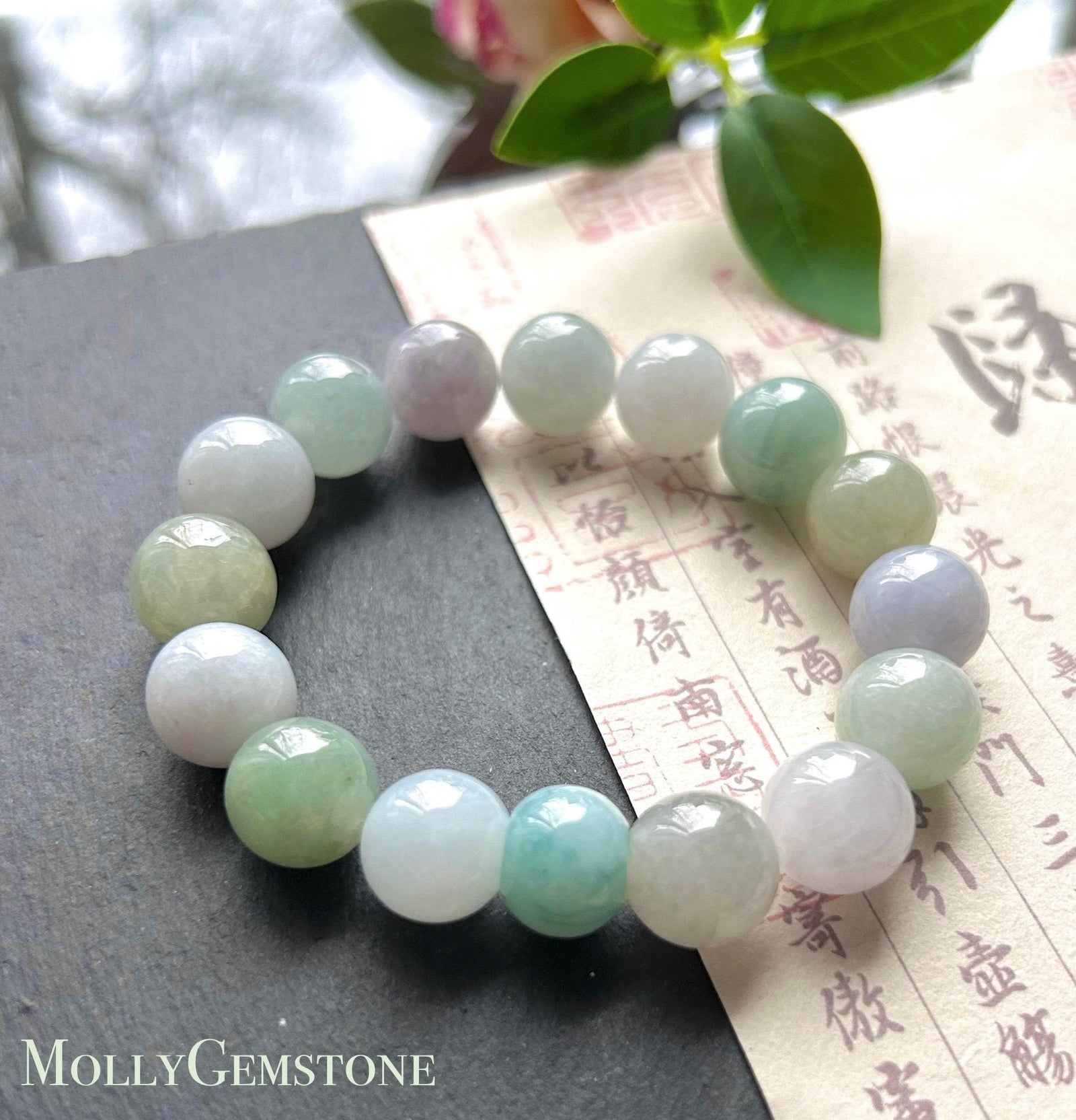 Natural Jadeite Beaded Bracelet Burmese Type A Untreated Icy Translucent Pastel Multicolored Jade 12mm BIG Beads