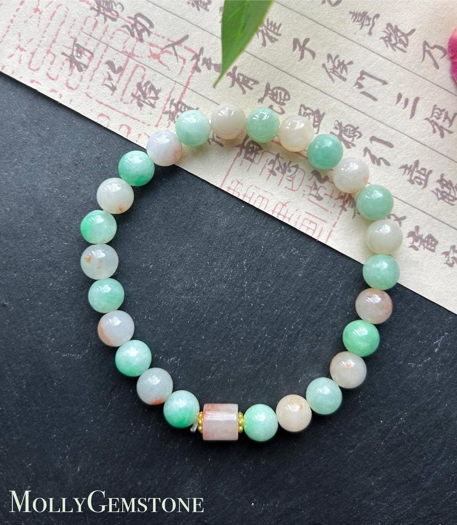 Natural Burmese Jadeite Beaded Bracelet: Type A Icy Translucent Apple Green and Red Floral Myanmar 7mm Jade Untreated