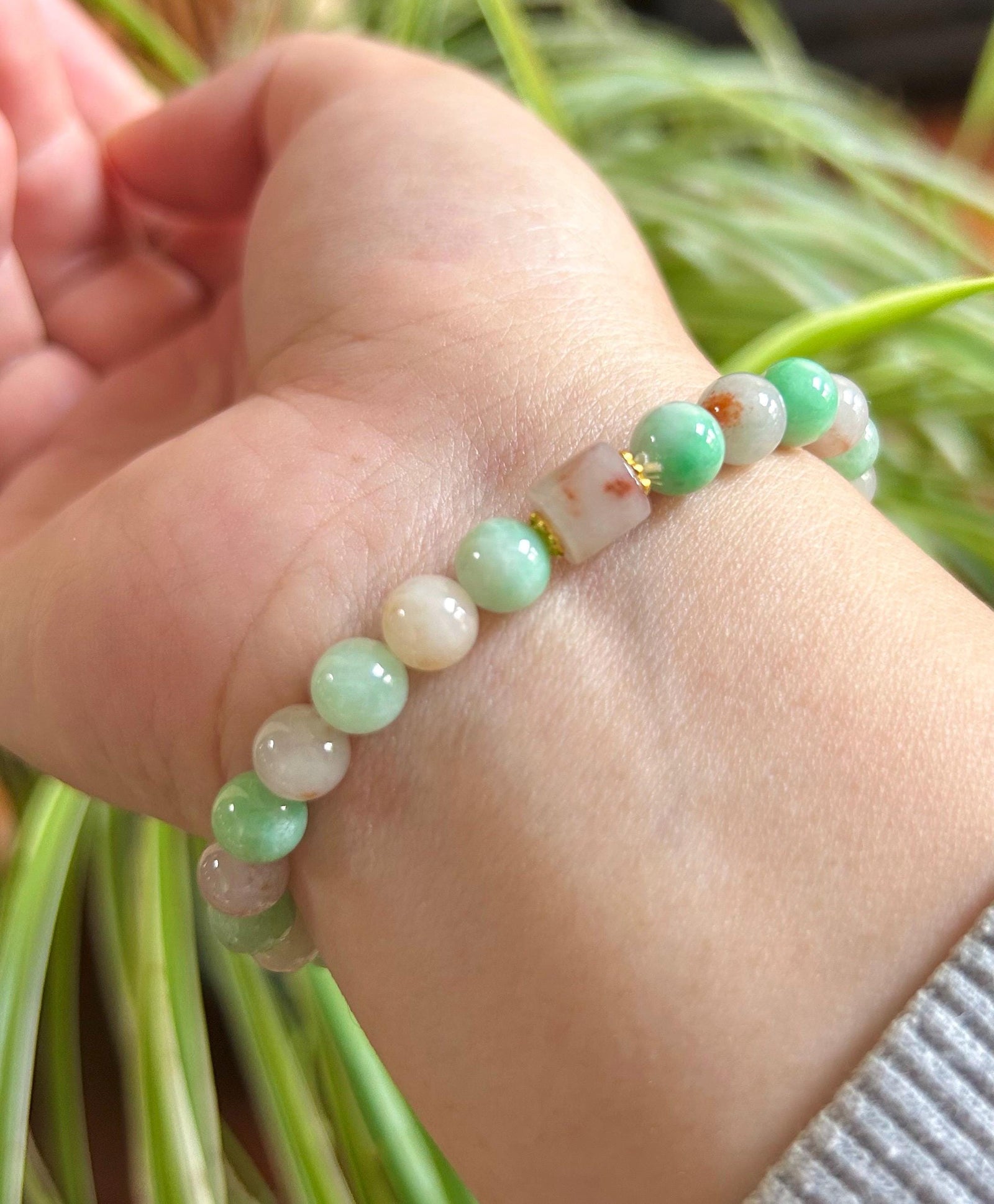 Natural Burmese Jadeite Beaded Bracelet: Type A Icy Translucent Apple Green and Red Floral Myanmar 7mm Jade Untreated