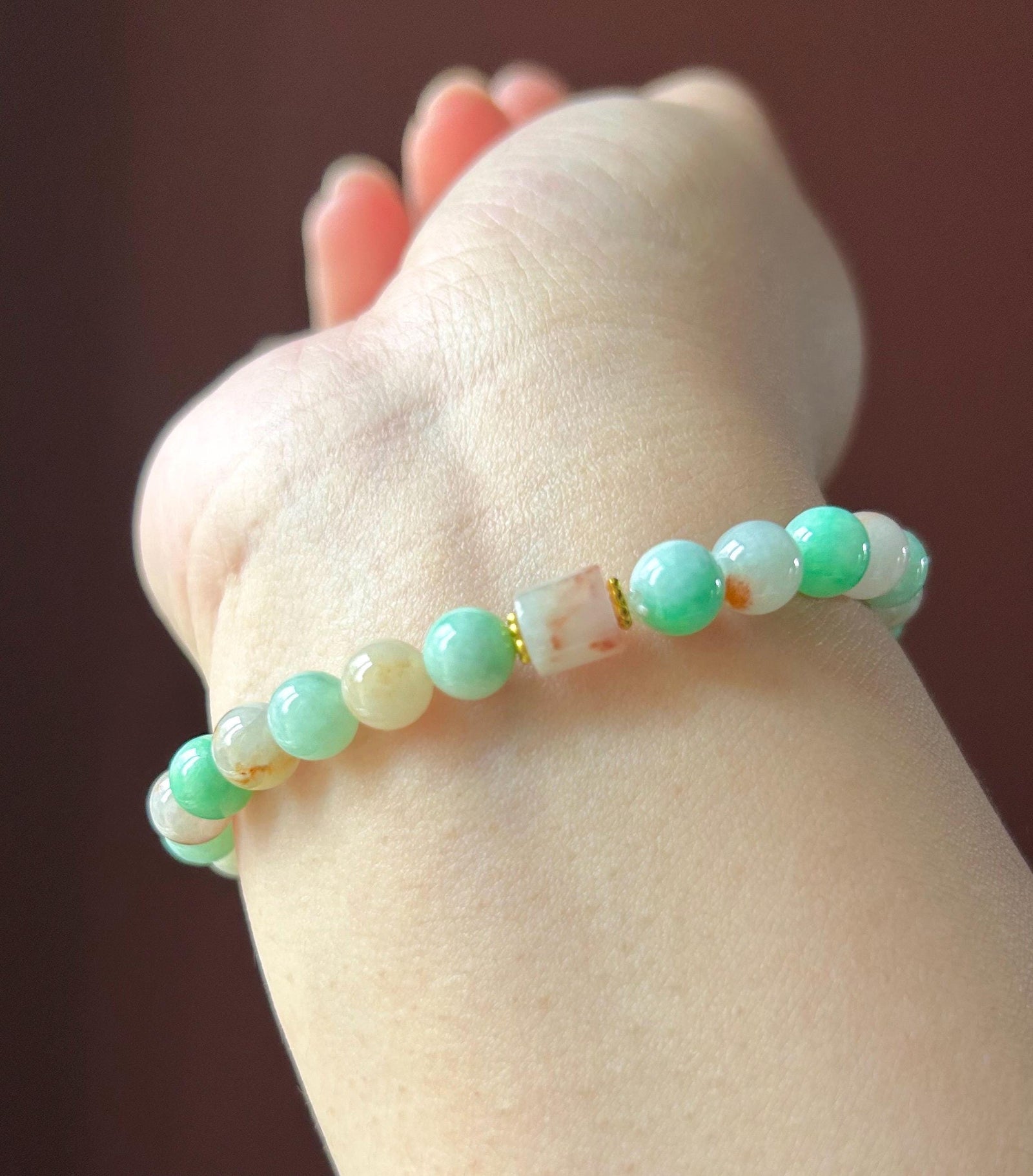 Natural Burmese Jadeite Beaded Bracelet: Type A Icy Translucent Apple Green and Red Floral Myanmar 7mm Jade Untreated