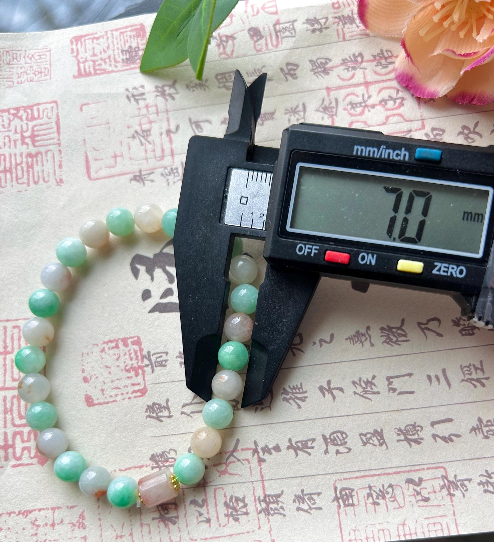 Natural Burmese Jadeite Beaded Bracelet: Type A Icy Translucent Apple Green and Red Floral Myanmar 7mm Jade Untreated