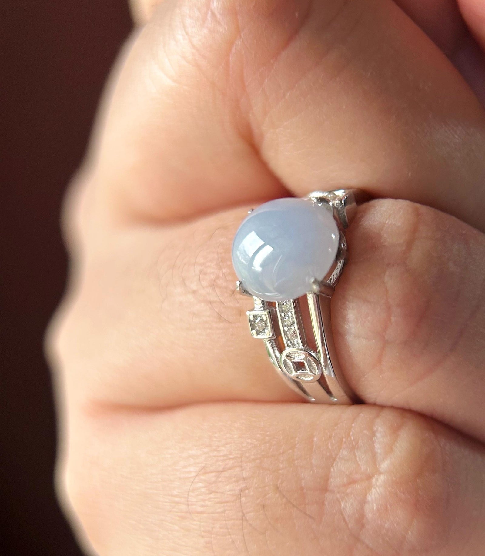 Natural Jadeite Adjustable Ring Burmese Type A fine glutinous Lavender Bluish Purple Jade with Sterling Silver