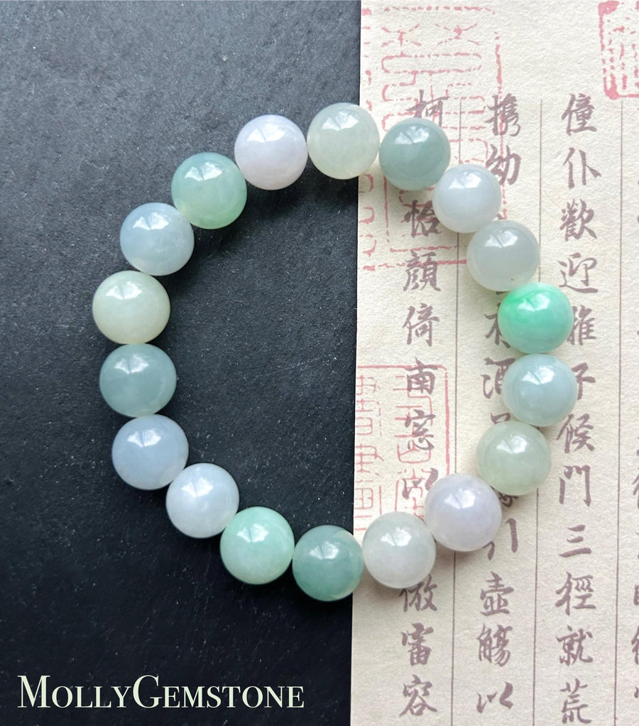 Natural Jadeite Beaded Bracelet Jewelry Untreated Burmese Type A Highly Translucent Icy Multicolored Jade 10mm