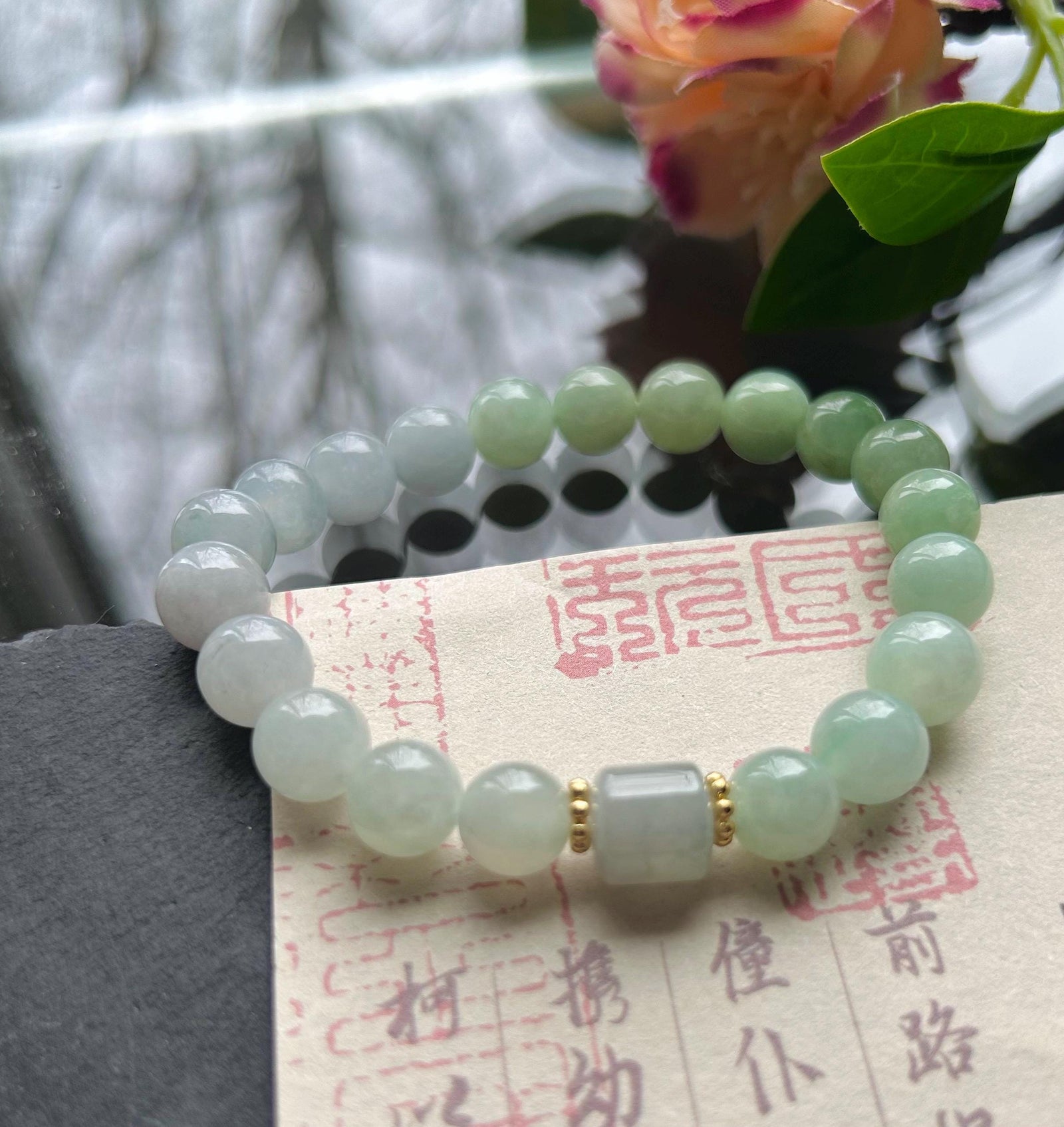 Natural Jadeite Beaded Bracelet Burmese Type A Translucent Icy Green & Blue Gradient Color Jade 9mm