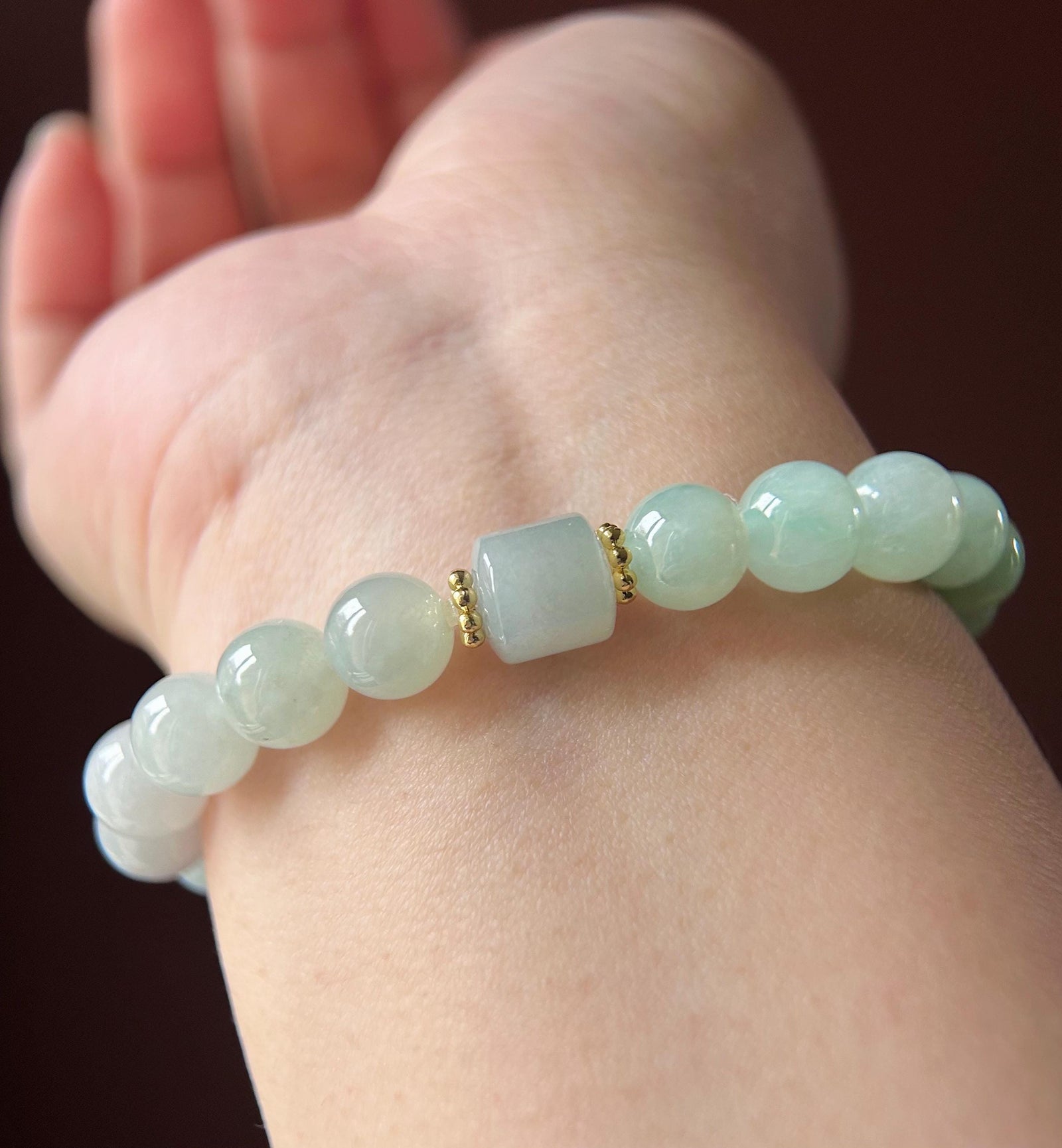 Natural Jadeite Beaded Bracelet Burmese Type A Translucent Icy Green & Blue Gradient Color Jade 9mm