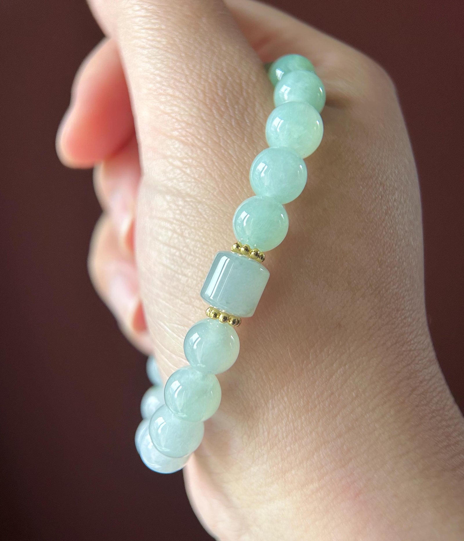 Natural Jadeite Beaded Bracelet Burmese Type A Translucent Icy Green & Blue Gradient Color Jade 9mm