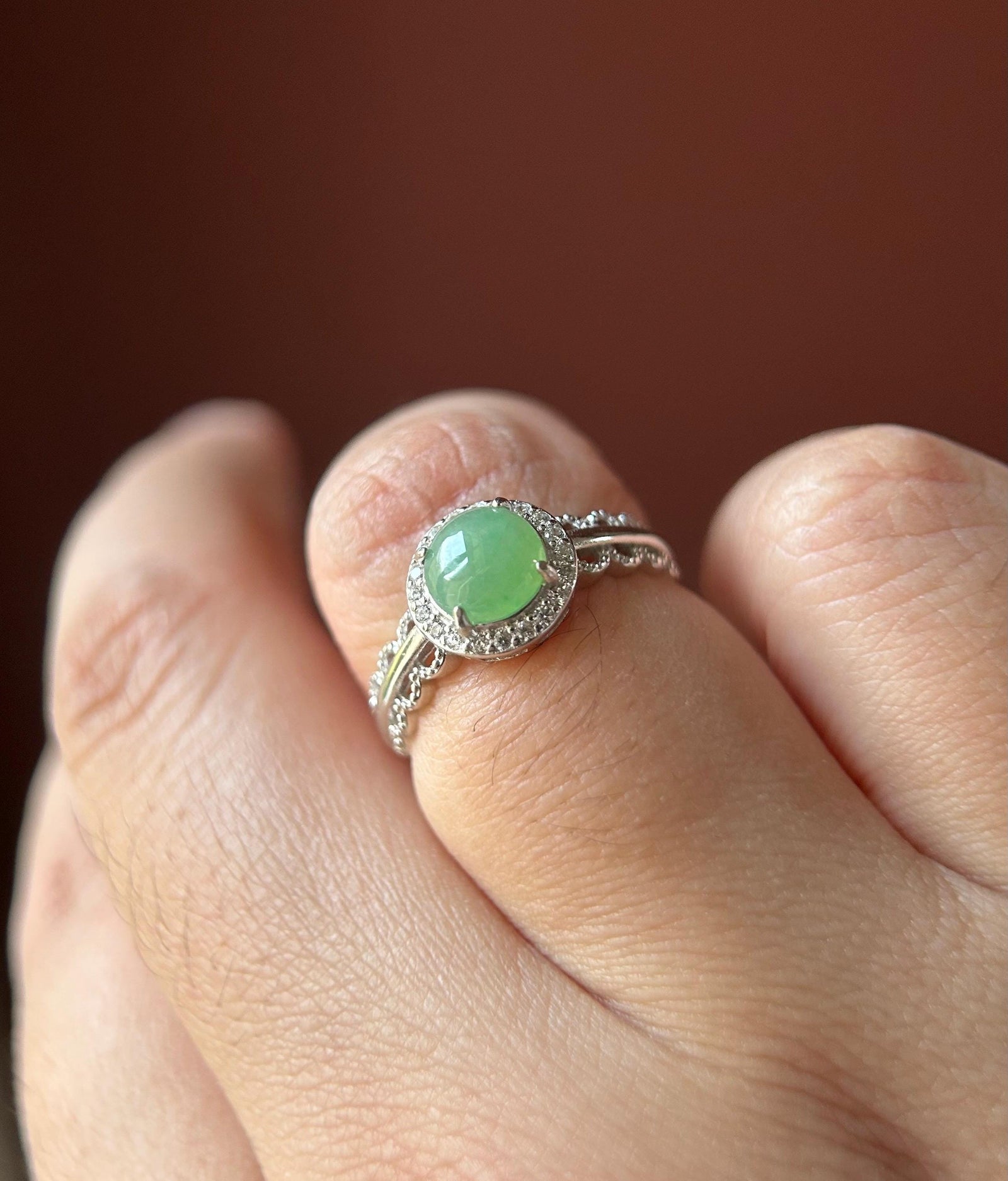 Natural Jadeite Adjustable Ring Burmese Type A fine glutinous Mint Apple Green Jade with Sterling Silver