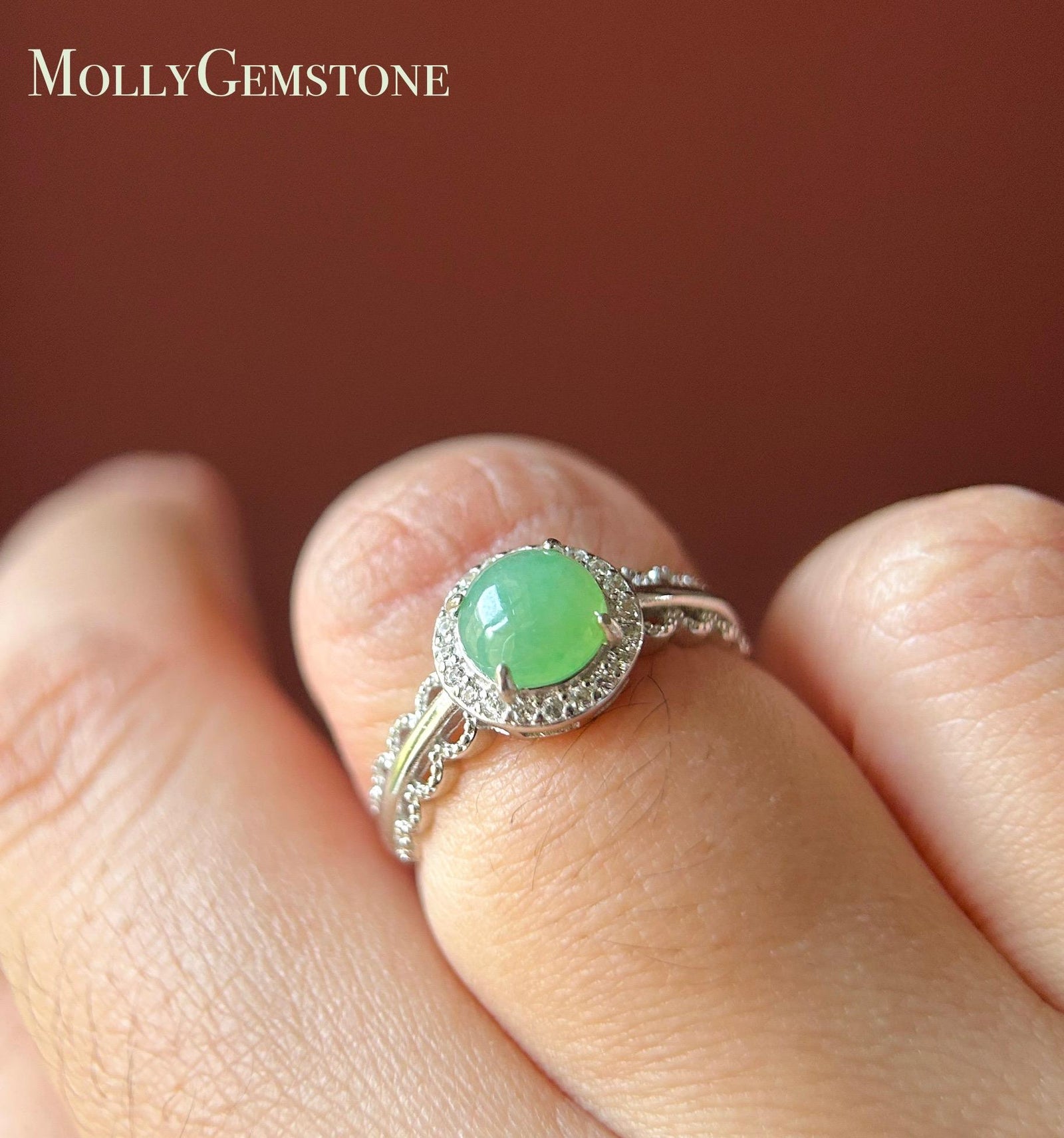 Natural Jadeite Adjustable Ring Burmese Type A fine glutinous Mint Apple Green Jade with Sterling Silver