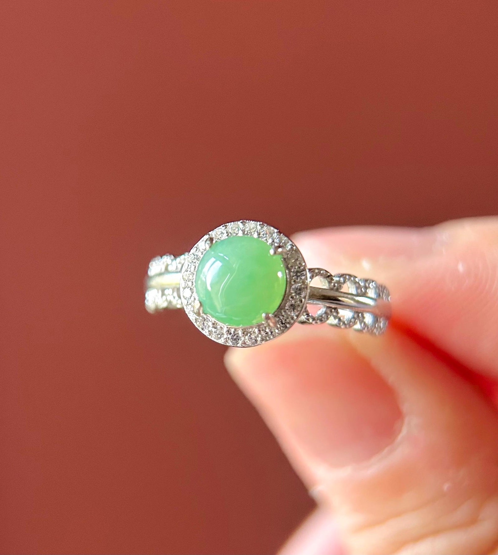 Natural Jadeite Adjustable Ring Burmese Type A fine glutinous Mint Apple Green Jade with Sterling Silver
