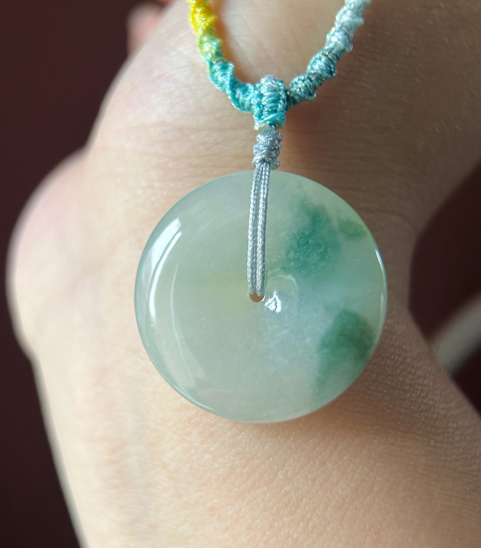 Natural Jadeite Jade Lucky Donut Pendant Handwoven Necklace Burmese Type A Icy Green Floral Jade PingAnKou 29.5x6.5mm