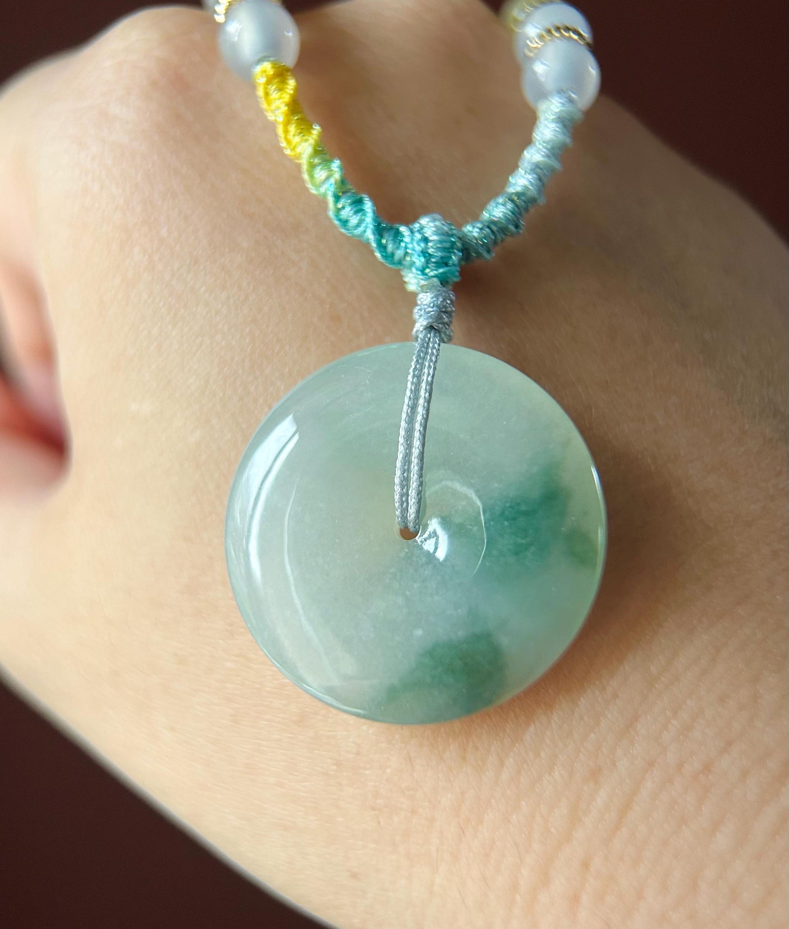 Natural Jadeite Jade Lucky Donut Pendant Handwoven Necklace Burmese Type A Icy Green Floral Jade PingAnKou 29.5x6.5mm