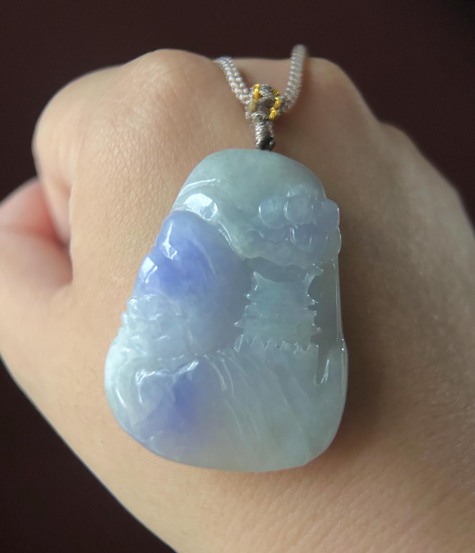 Natural Purple Jadeite Pendant, Burmese Type A Vivid Lavender Jade Landscape, Feng Shui Prosperity Amulet