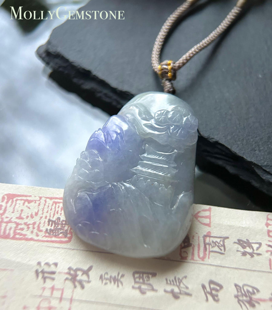 Natural Purple Jadeite Pendant, Burmese Type A Vivid Lavender Jade Landscape, Feng Shui Prosperity Amulet