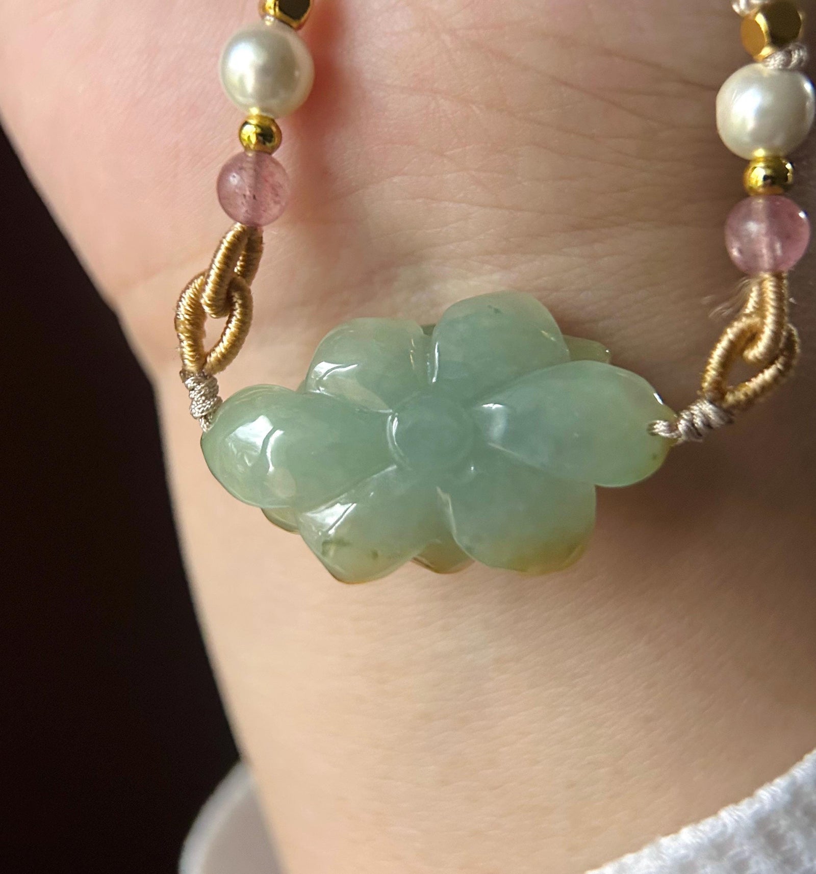 Natural Burmese Jadeite HandCarved Lotus Flower Pendant Handwoven Necklace - Type A Icy Gelatinous Dusty Blue & Yellow Jade