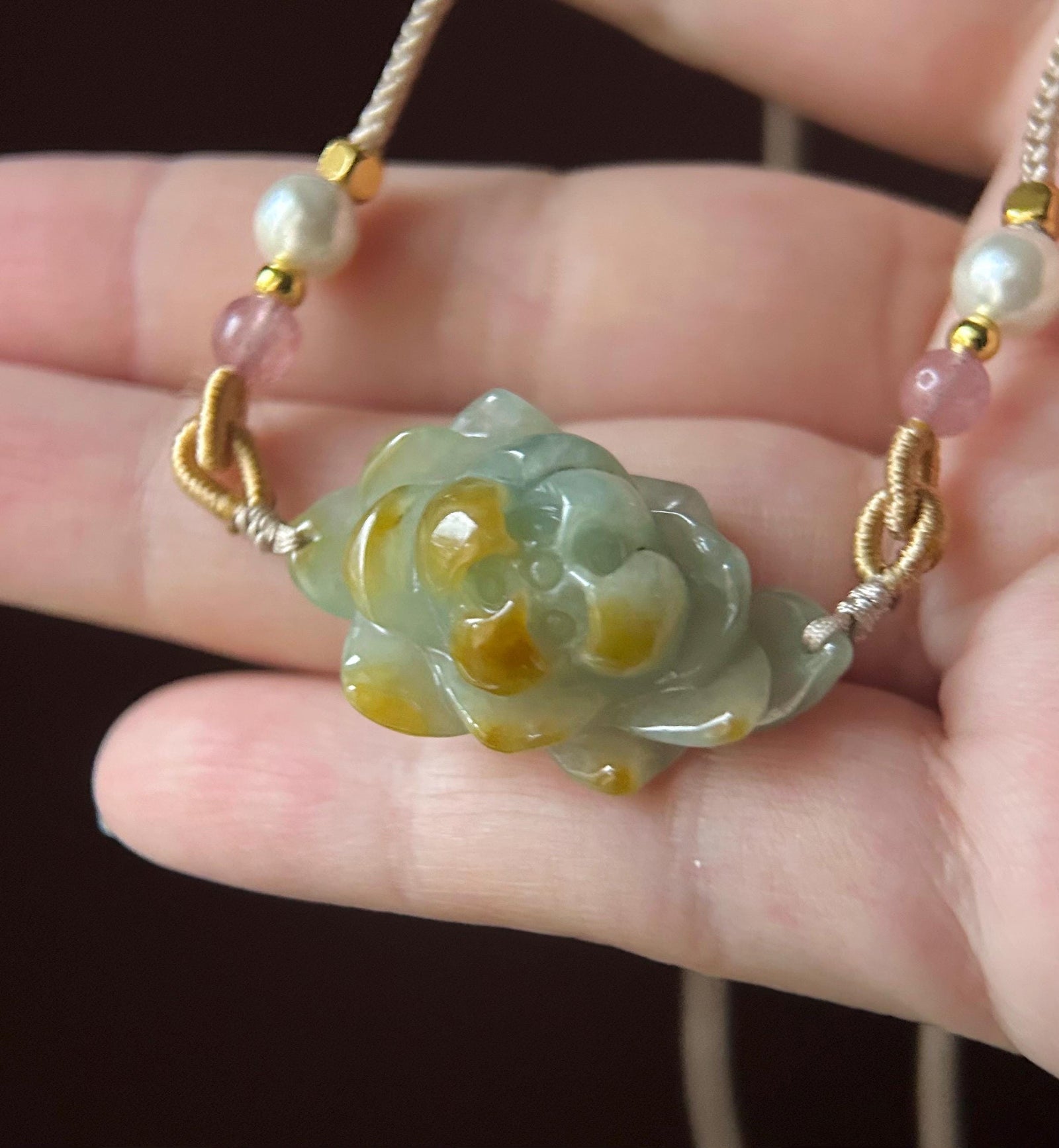 Natural Burmese Jadeite HandCarved Lotus Flower Pendant Handwoven Necklace - Type A Icy Gelatinous Dusty Blue & Yellow Jade
