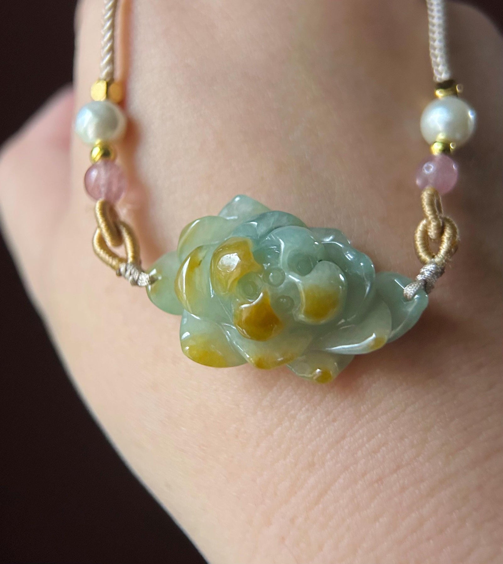 Natural Burmese Jadeite HandCarved Lotus Flower Pendant Handwoven Necklace - Type A Icy Gelatinous Dusty Blue & Yellow Jade