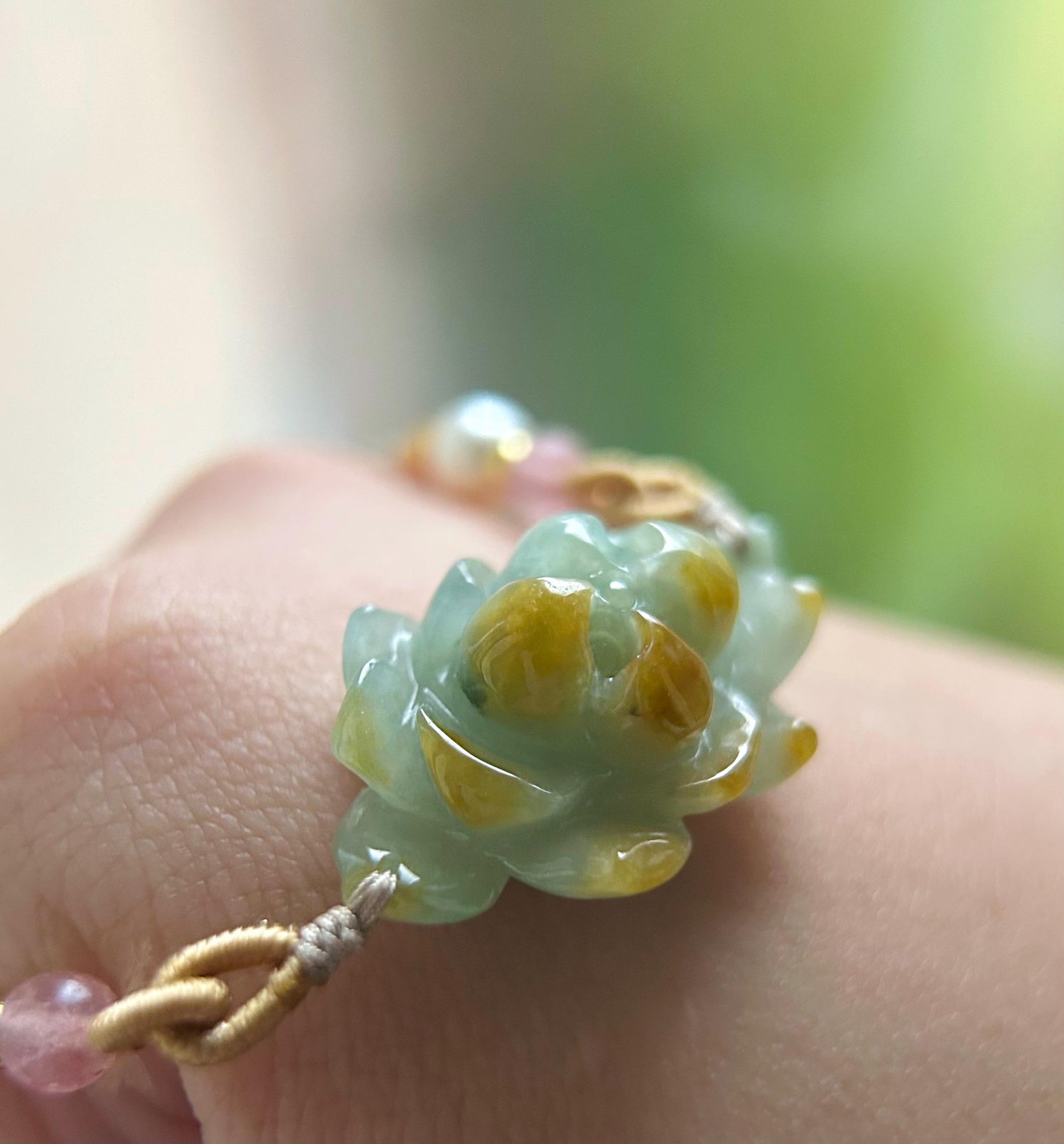 Natural Burmese Jadeite HandCarved Lotus Flower Pendant Handwoven Necklace - Type A Icy Gelatinous Dusty Blue & Yellow Jade
