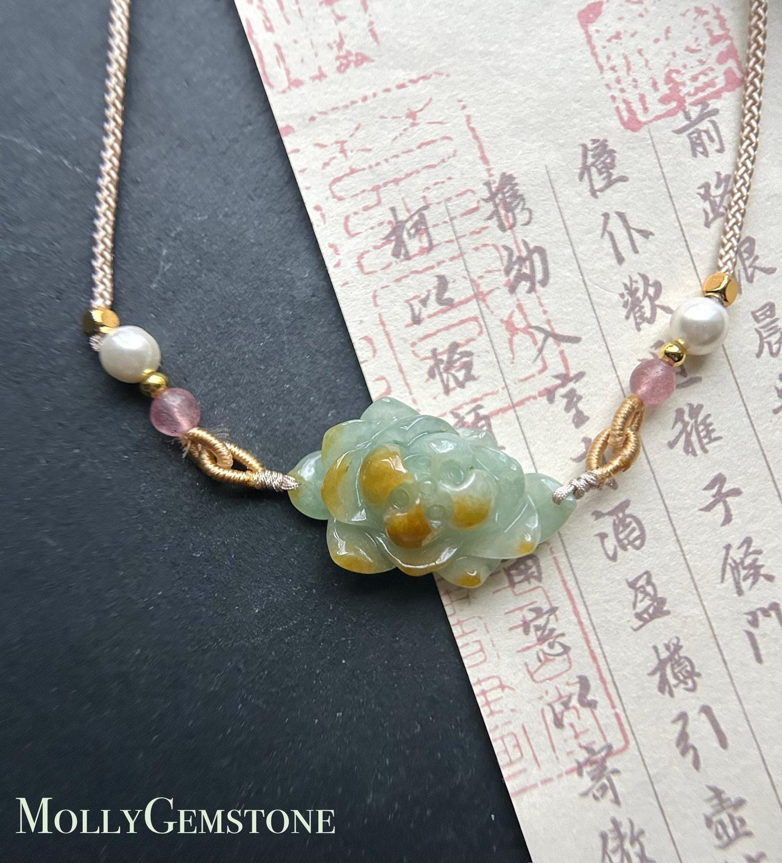 Natural Burmese Jadeite HandCarved Lotus Flower Pendant Handwoven Necklace - Type A Icy Gelatinous Dusty Blue & Yellow Jade