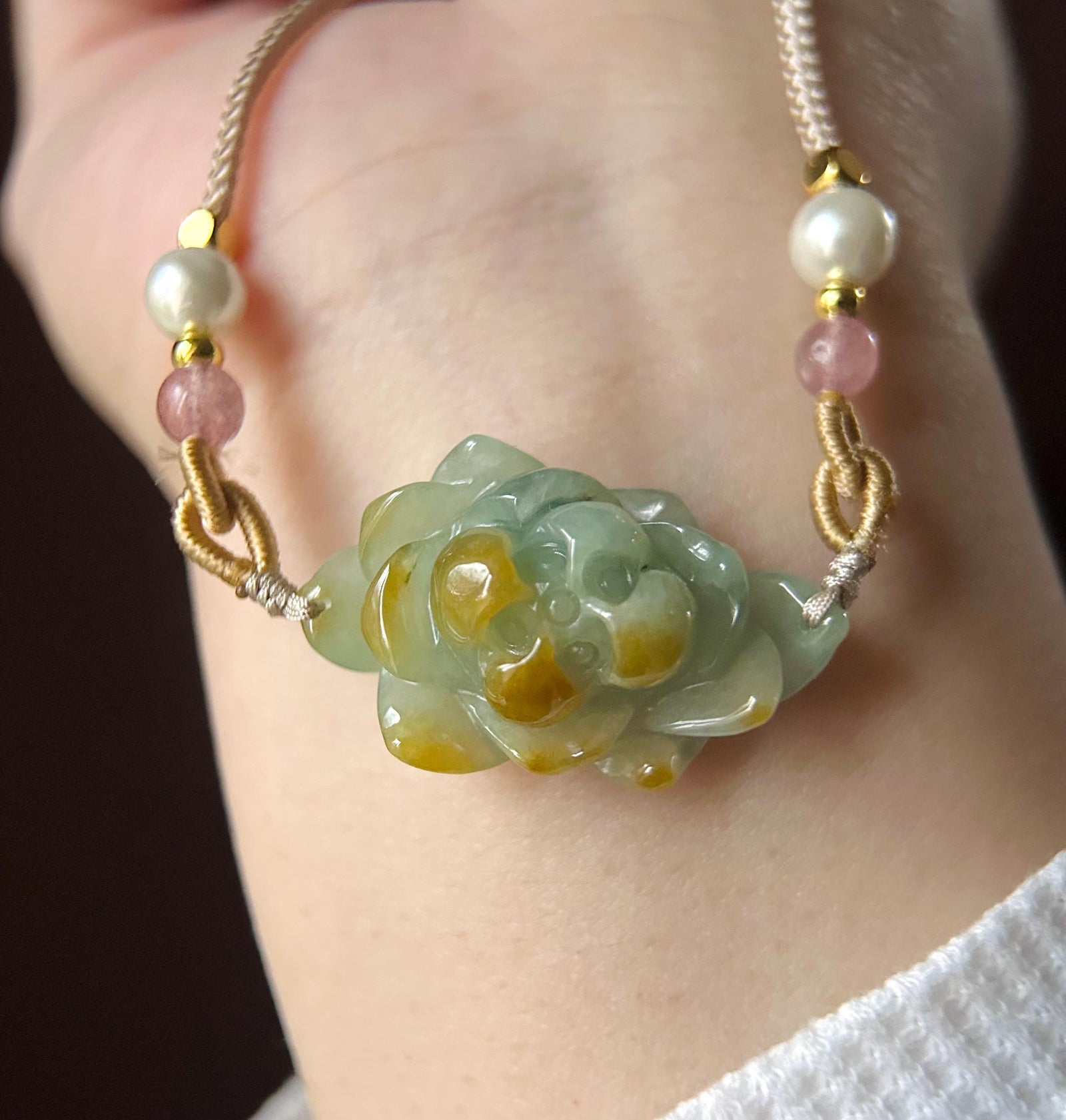 Natural Burmese Jadeite HandCarved Lotus Flower Pendant Handwoven Necklace - Type A Icy Gelatinous Dusty Blue & Yellow Jade