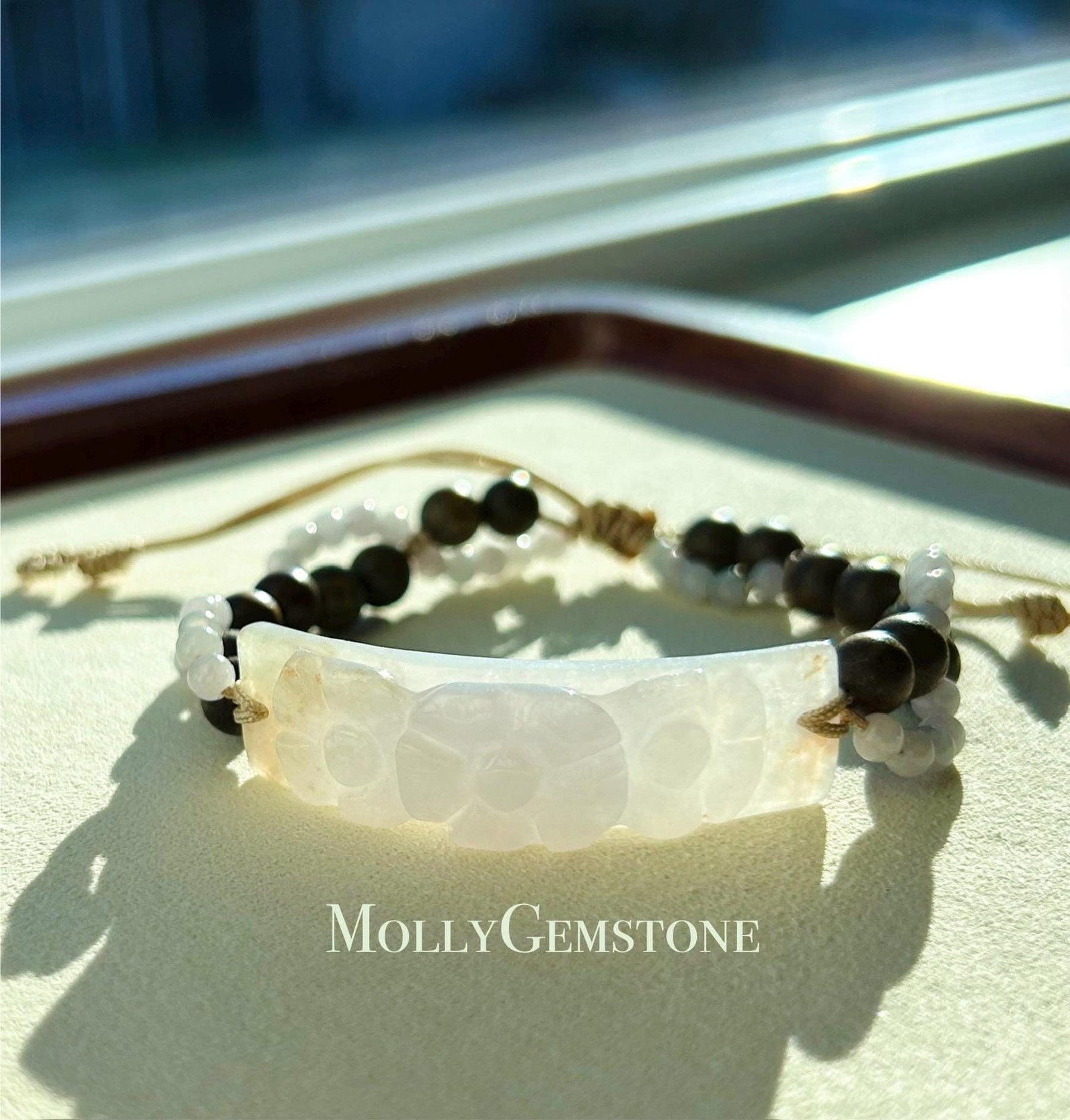 Natural Jadeite Plaque & Sandlewood Handwoven Bracelet Authentic Burmese Untreated Icy Translucent Type A White Red Floral Jade