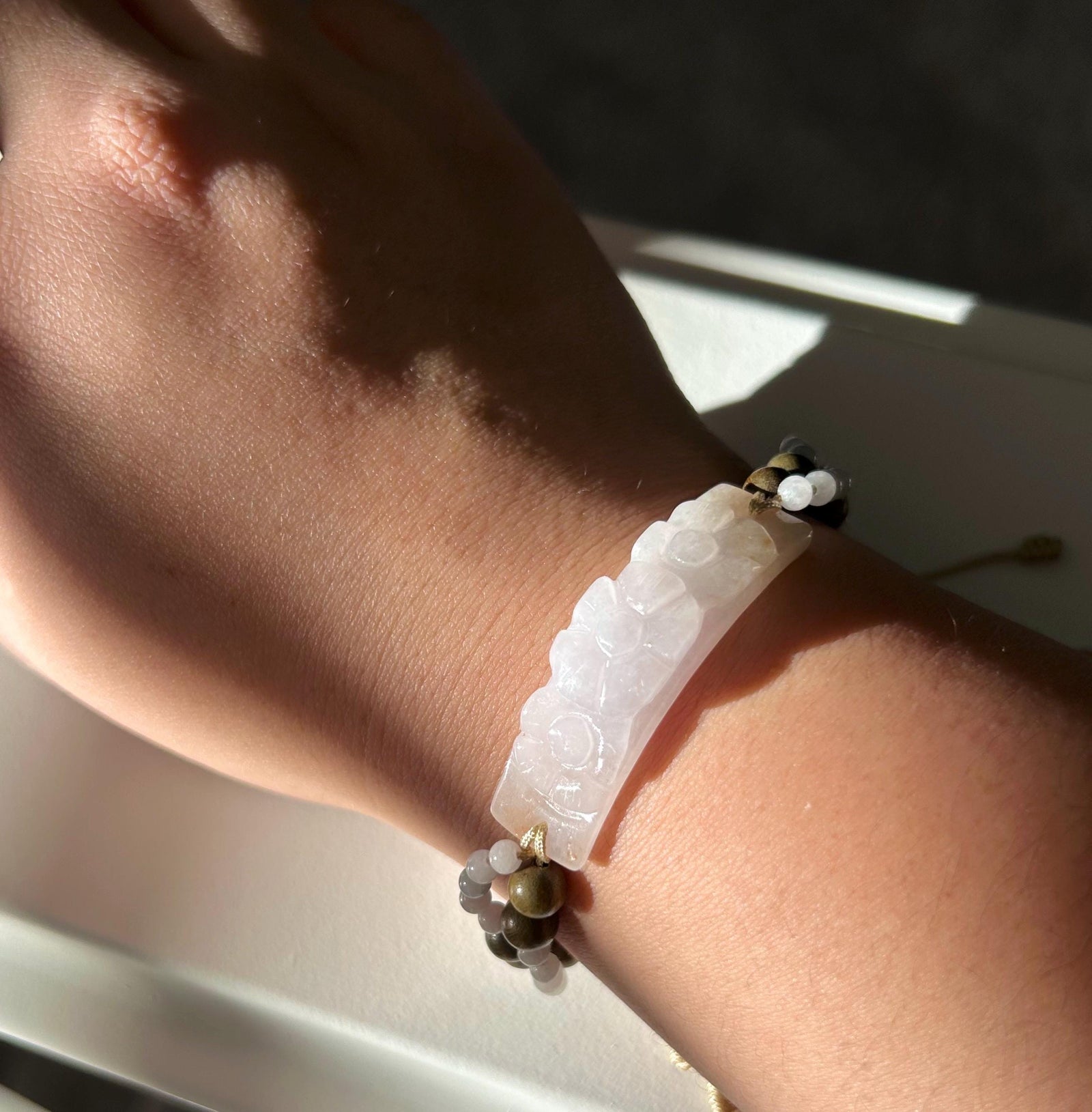 Natural Jadeite Plaque & Sandlewood Handwoven Bracelet Authentic Burmese Untreated Icy Translucent Type A White Red Floral Jade