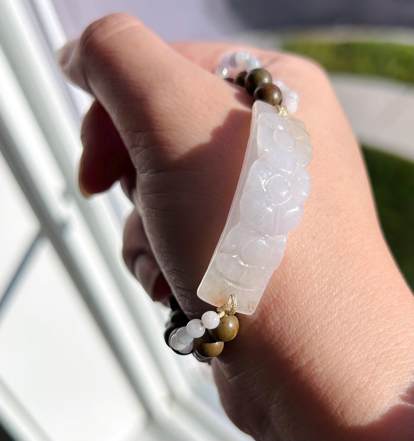 Natural Jadeite Plaque & Sandlewood Handwoven Bracelet Authentic Burmese Untreated Icy Translucent Type A White Red Floral Jade