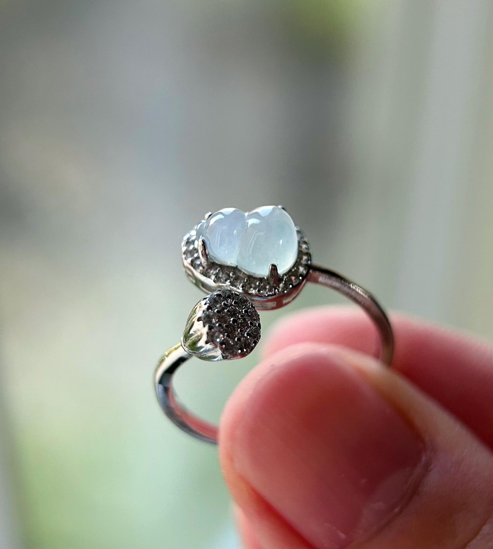 Natural Jadeite Hulu & 925 Sterling Silver Adjustable Ring Burmese Type A Highly Translucent Icy White Jade