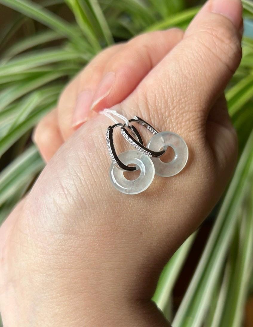 Natural Jadeite Lucky Donut Earrings: Burmese Type A Untreated Highly Translucent Icy White/Pale Blue Jade, Sterling Silver