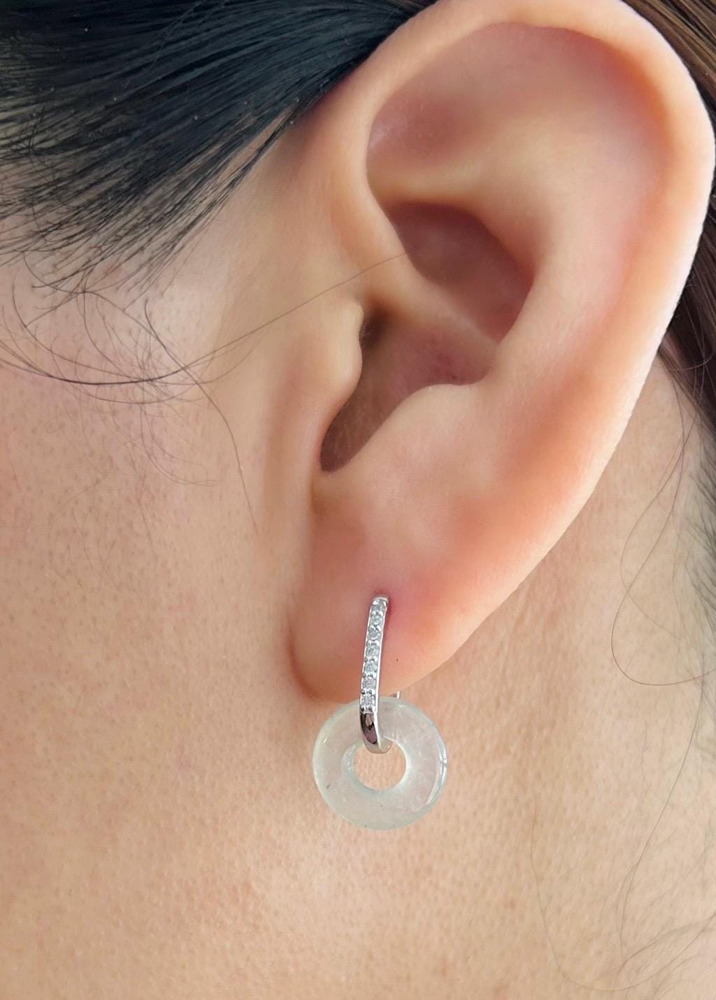 Natural Jadeite Lucky Donut Earrings: Burmese Type A Untreated Highly Translucent Icy White/Pale Blue Jade, Sterling Silver