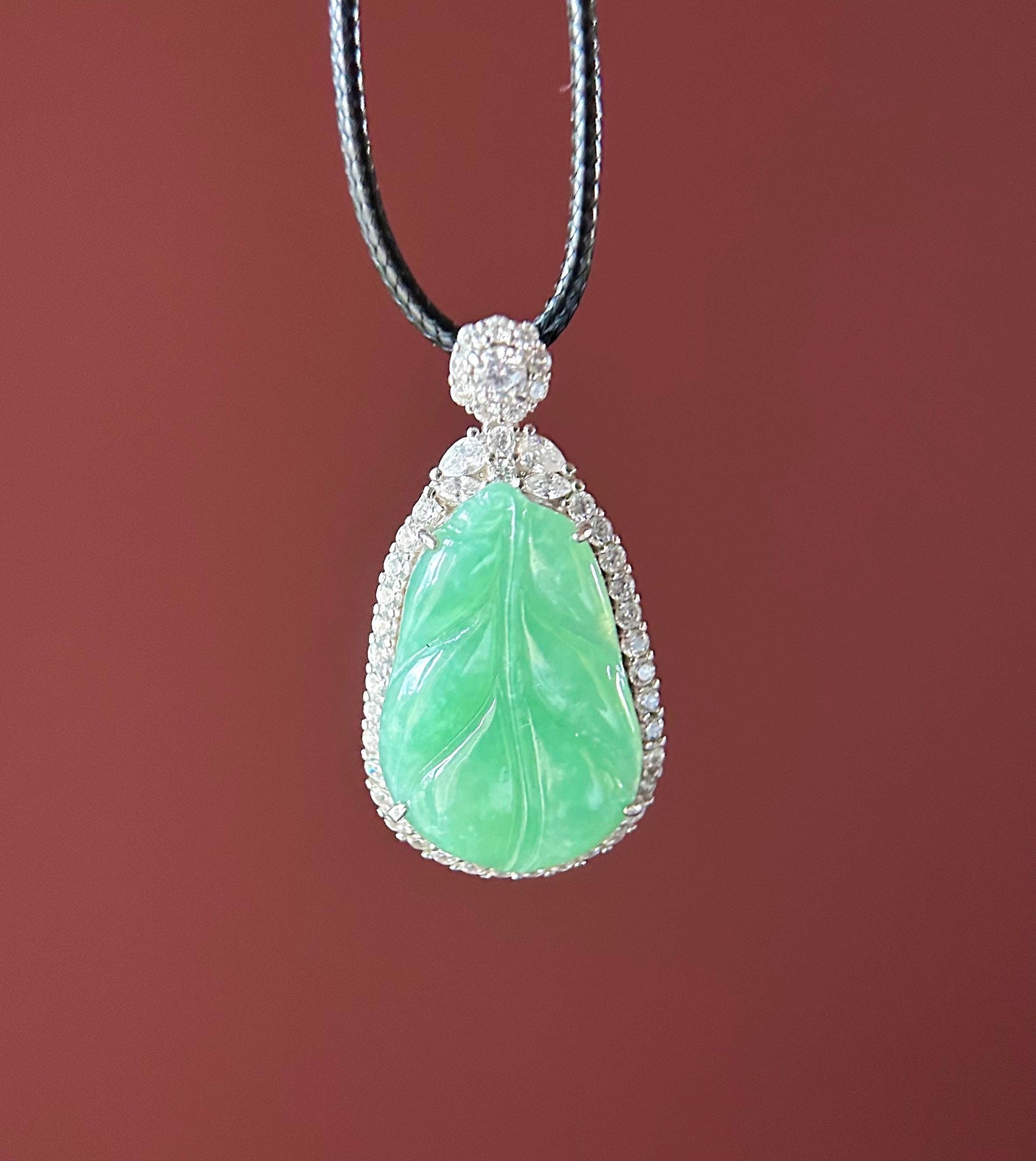 Natural Jadeite Leaf & Sterling Silver Pendant Burmese Untreated Type A Icy Translucent Vibrant Sunny Apple Green Jade