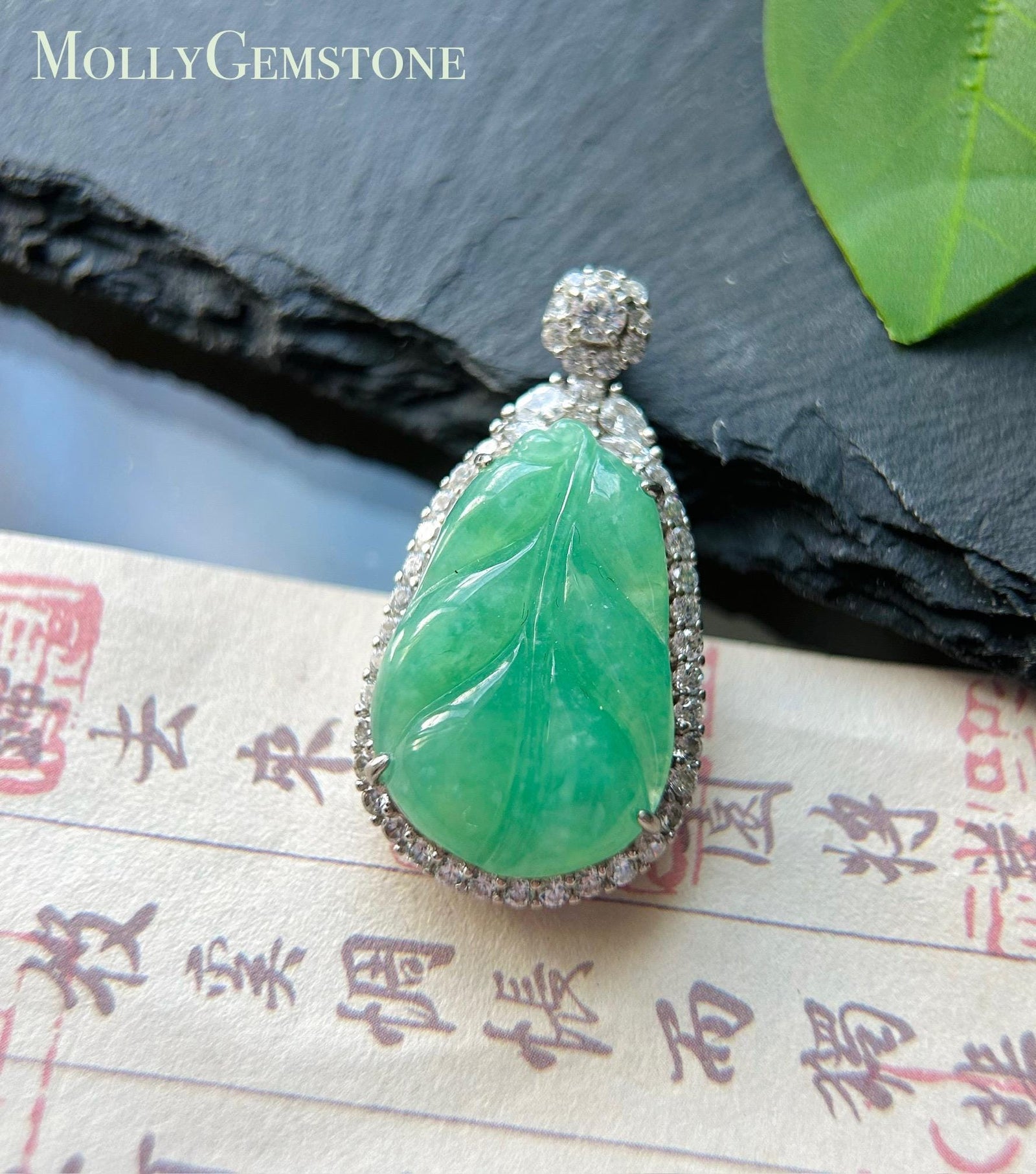 Natural Jadeite Leaf & Sterling Silver Pendant Burmese Untreated Type A Icy Translucent Vibrant Sunny Apple Green Jade
