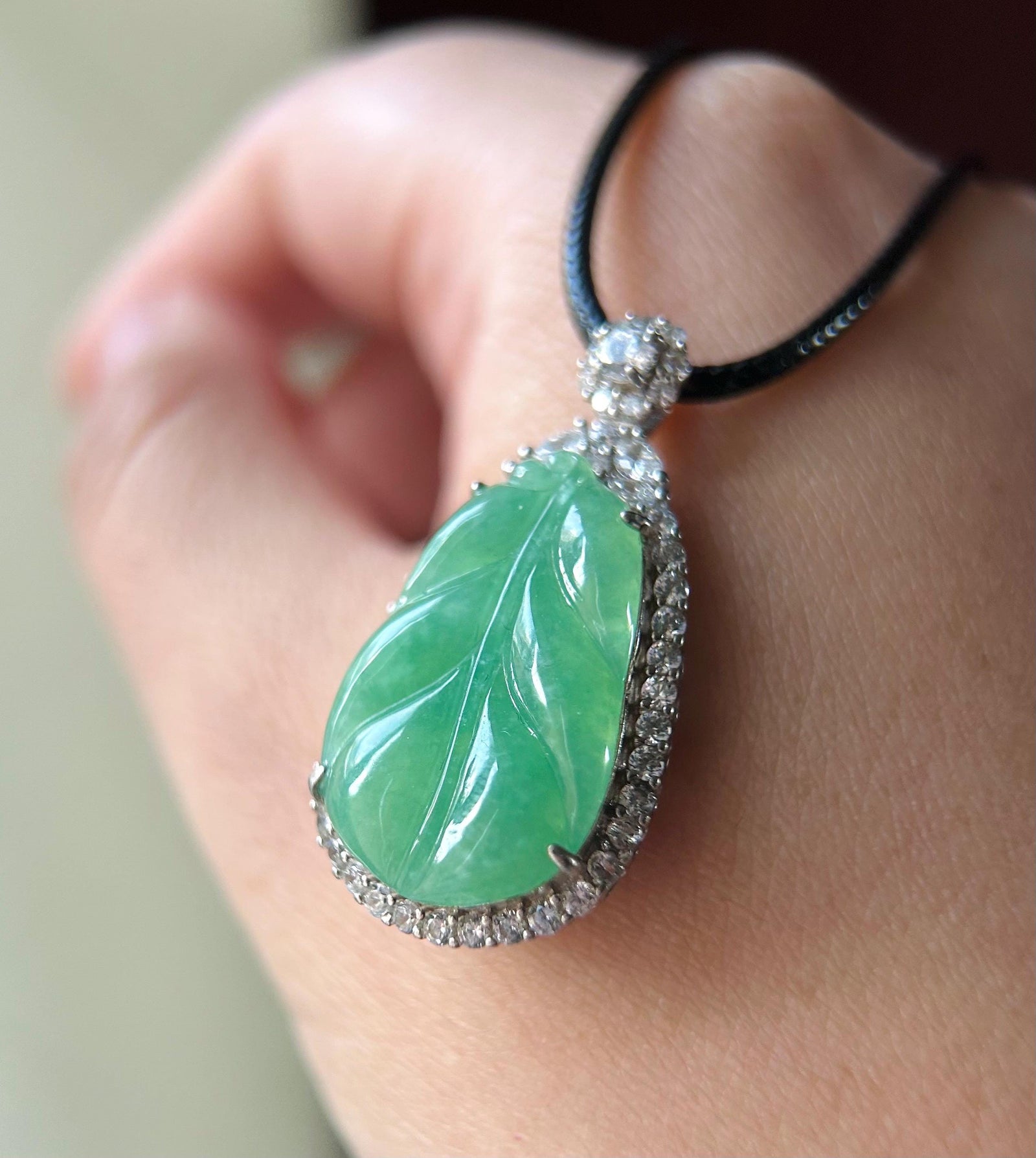 Natural Jadeite Leaf & Sterling Silver Pendant Burmese Untreated Type A Icy Translucent Vibrant Sunny Apple Green Jade