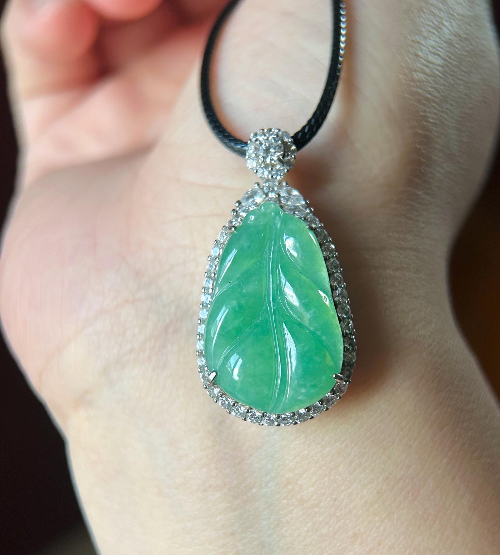 Natural Jadeite Leaf & Sterling Silver Pendant Burmese Untreated Type A Icy Translucent Vibrant Sunny Apple Green Jade