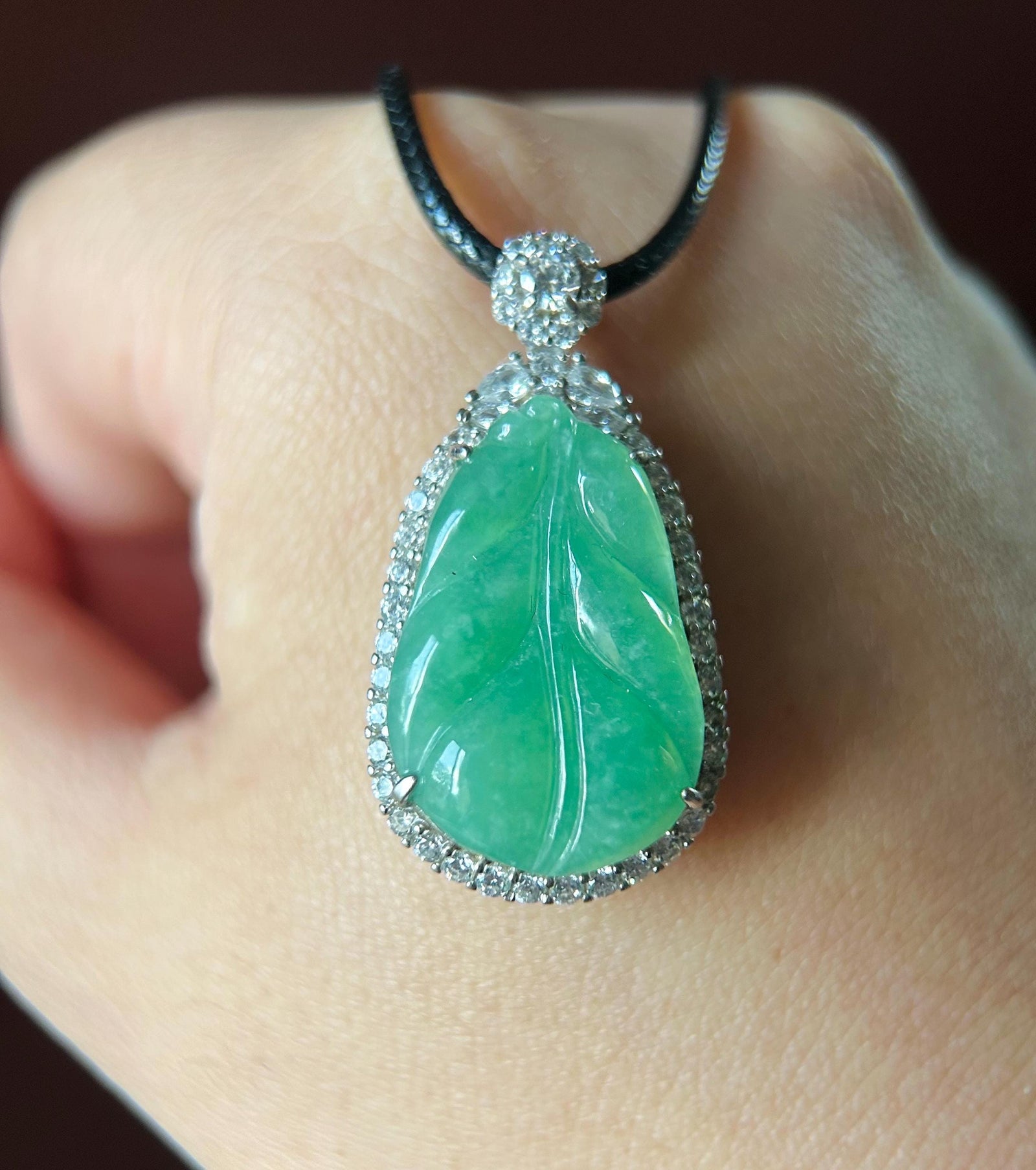 Natural Jadeite Leaf & Sterling Silver Pendant Burmese Untreated Type A Icy Translucent Vibrant Sunny Apple Green Jade