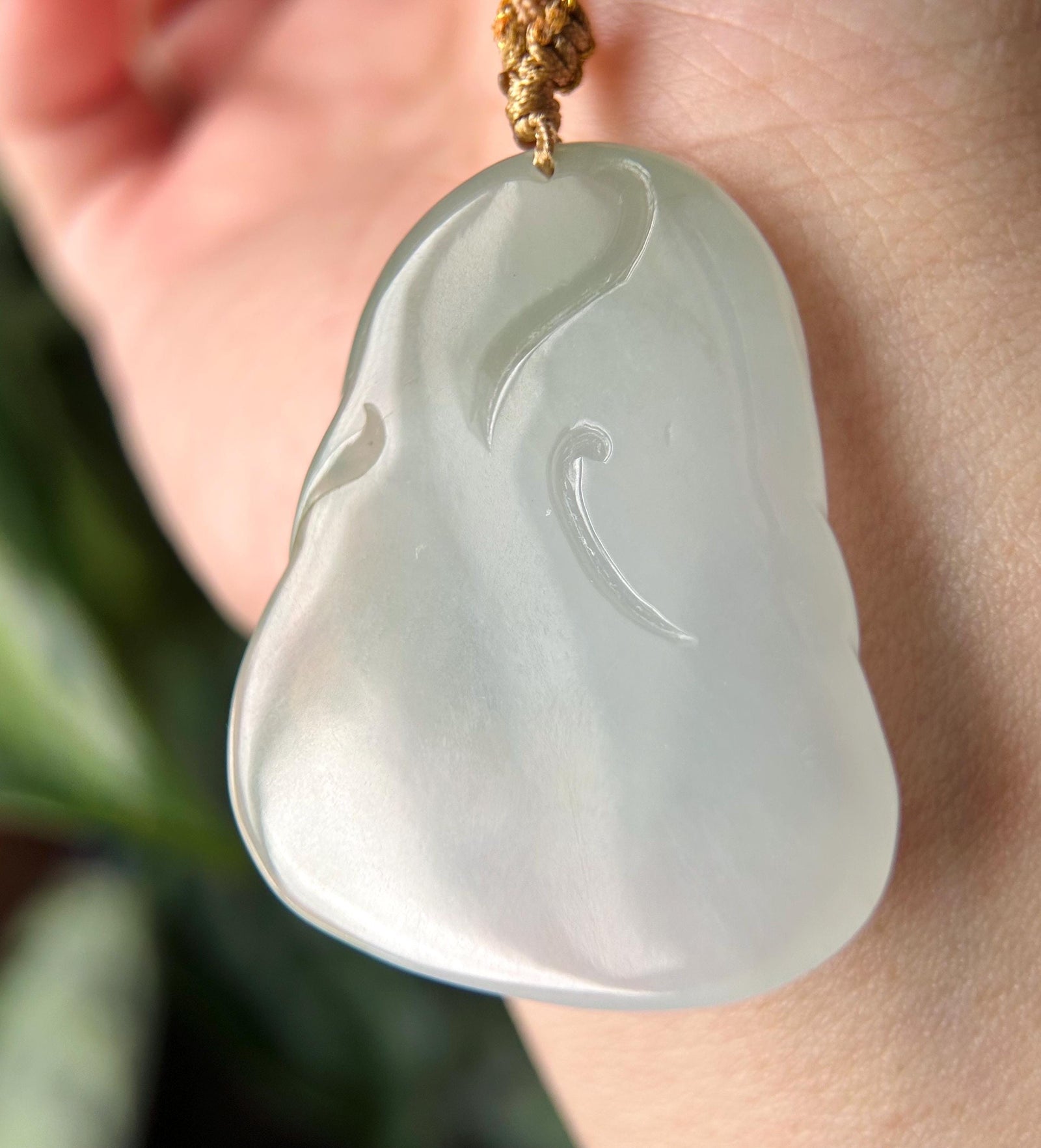 Natural Jadeite HandCarved Deer & Flower Pendant Burmese Untreated Type A Highly Translucent Icy Light Dusty Green Jade