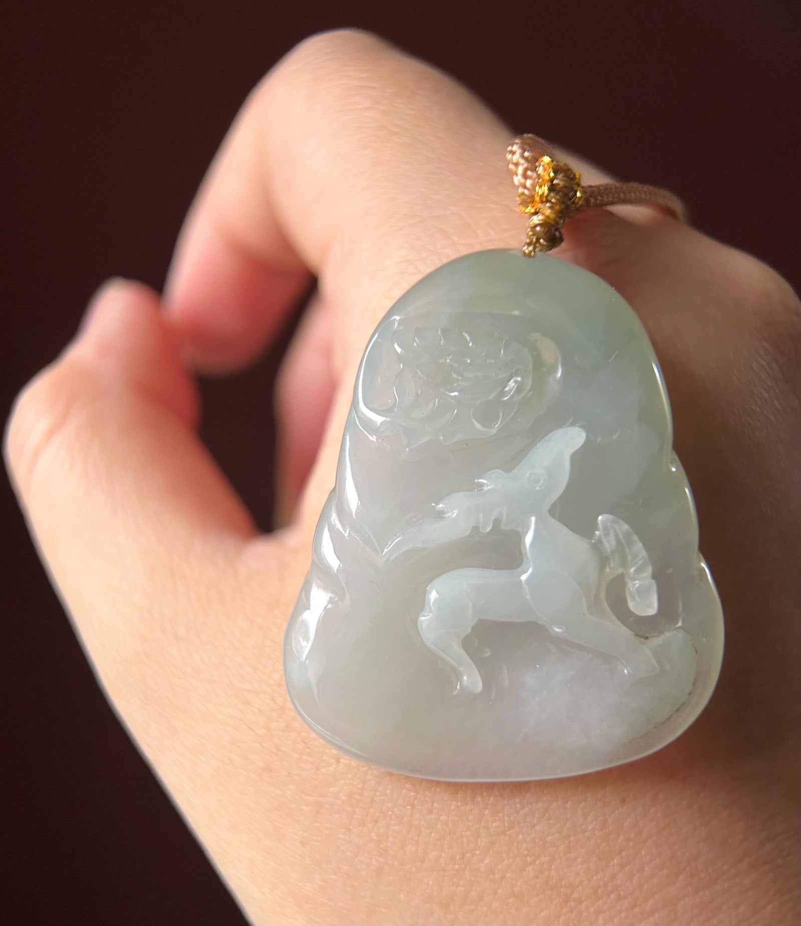 Natural Jadeite HandCarved Deer & Flower Pendant Burmese Untreated Type A Highly Translucent Icy Light Dusty Green Jade