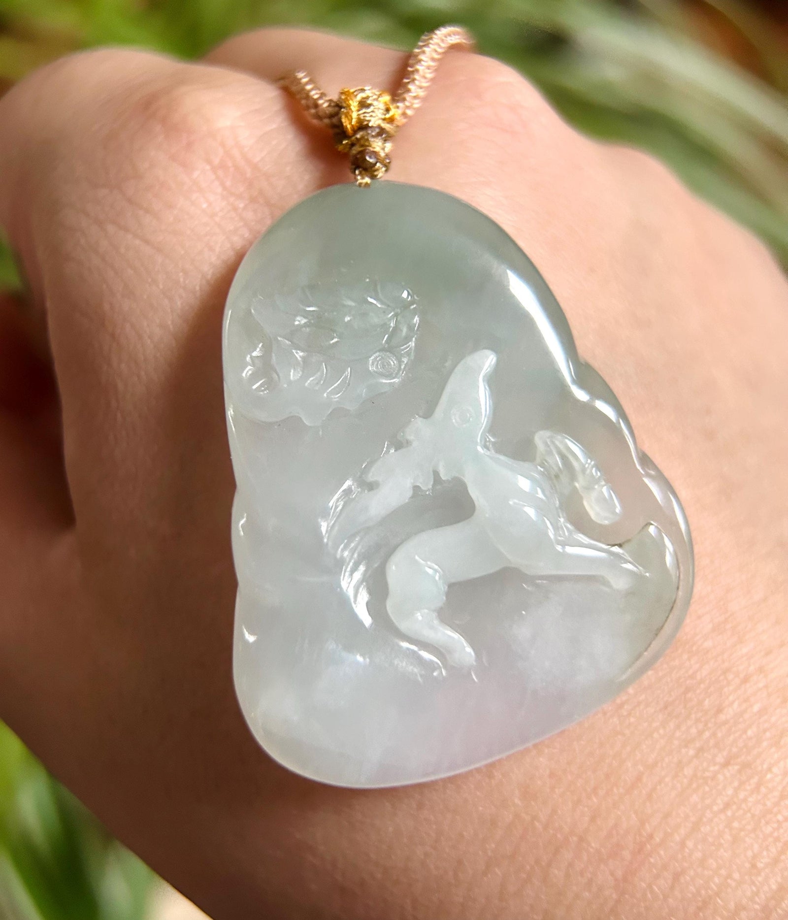 Natural Jadeite HandCarved Deer & Flower Pendant Burmese Untreated Type A Highly Translucent Icy Light Dusty Green Jade