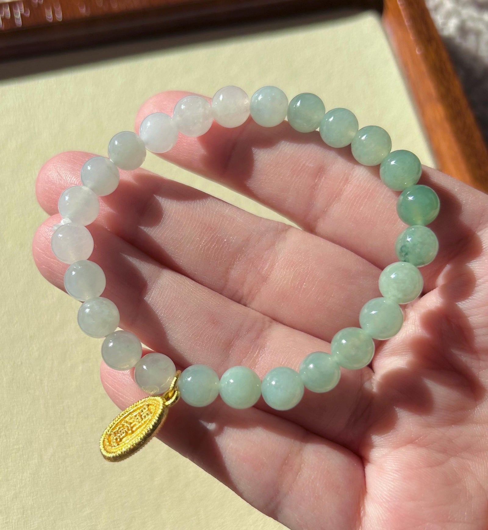 Natural Jadeite Beaded Bracelet Burmese Type A Translucent Icy Green & White Gradient Color Jade 7.3mm