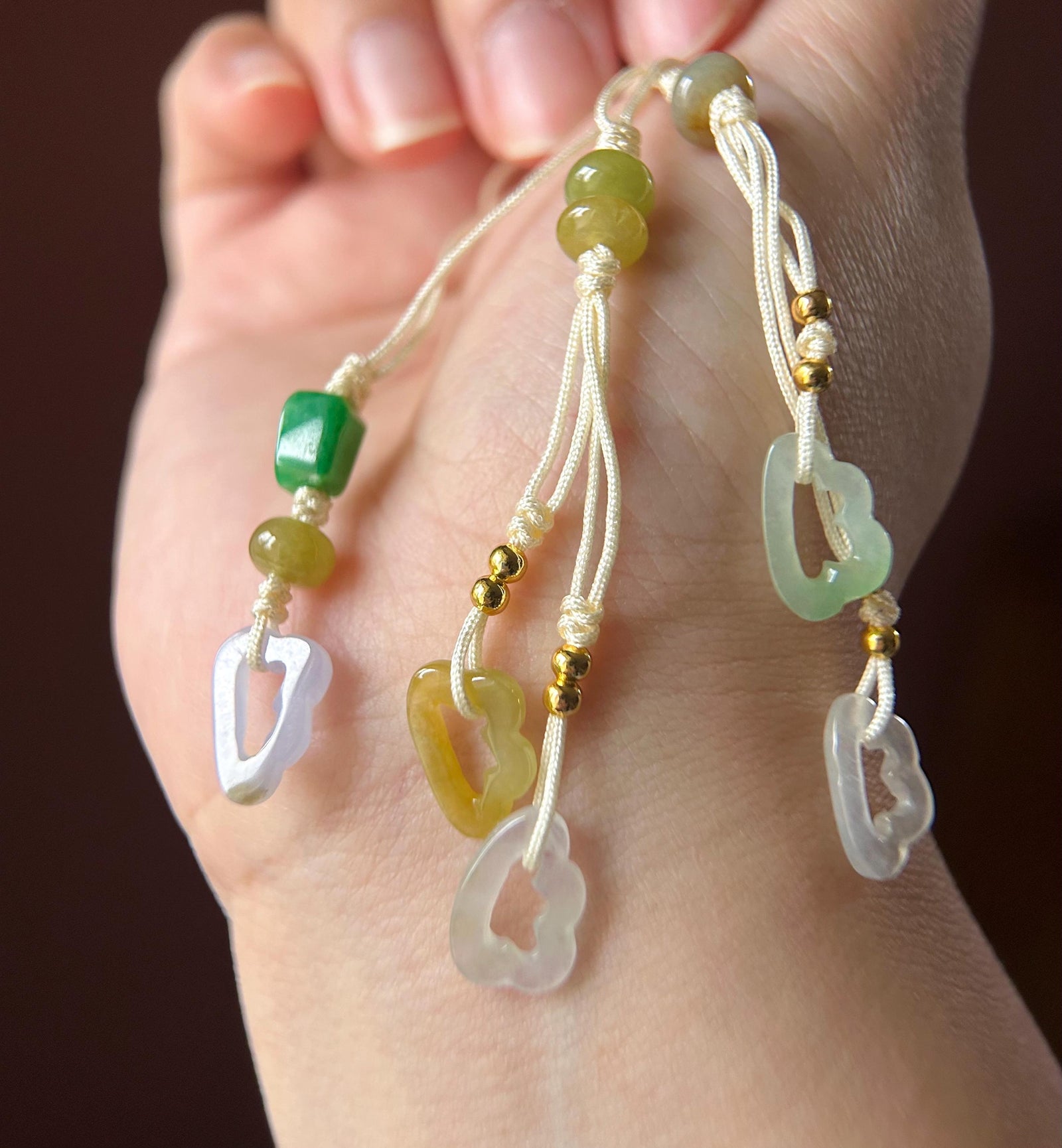Natural Jadeite Handwoven Phone Charm Keychain Protection Authentic Untreated Type A Burmese Jade RuYi Clouds Chinese Knot